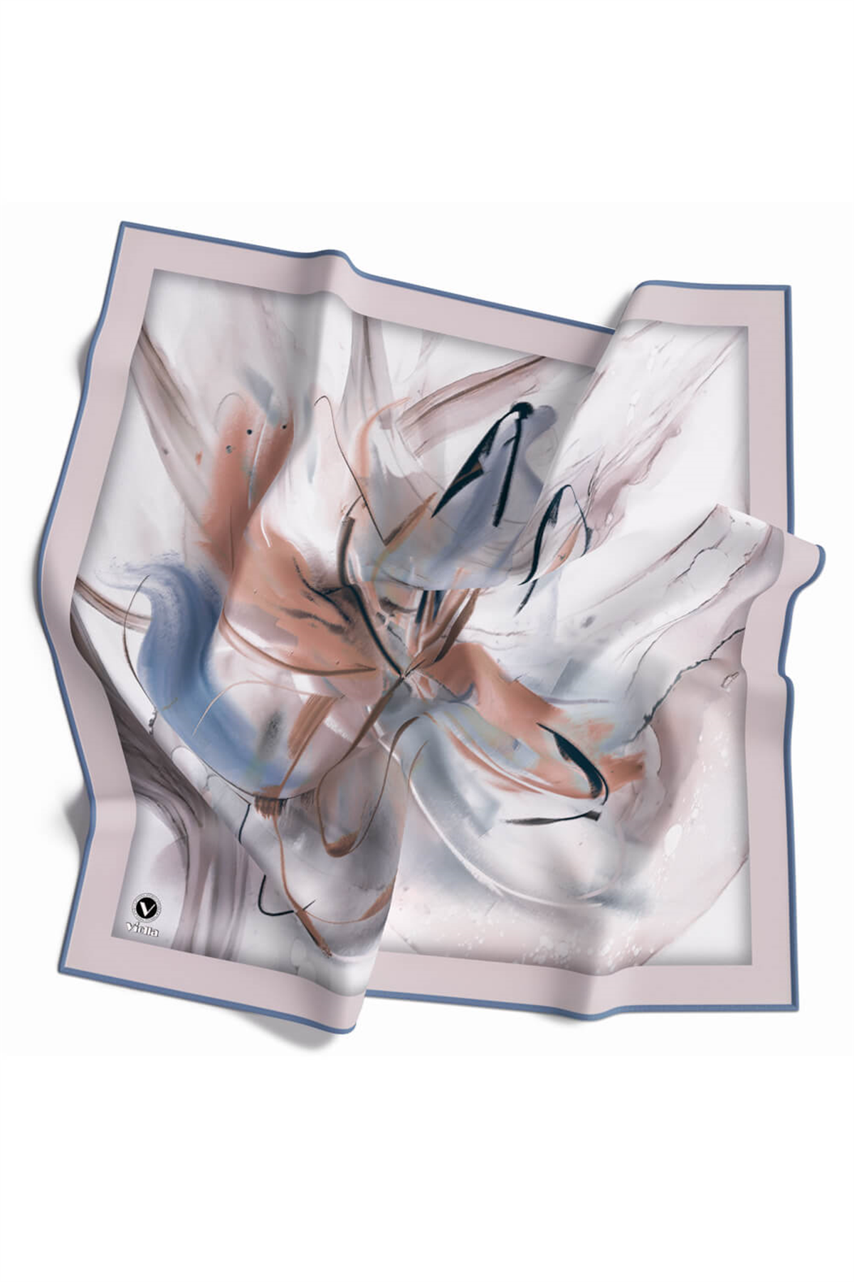 Twill Çiçek Tablo Desenli İndigo Renkli 90x90 Eşarp (İpek İçermez) Kenar Dikiş Şekli El Dikişli
