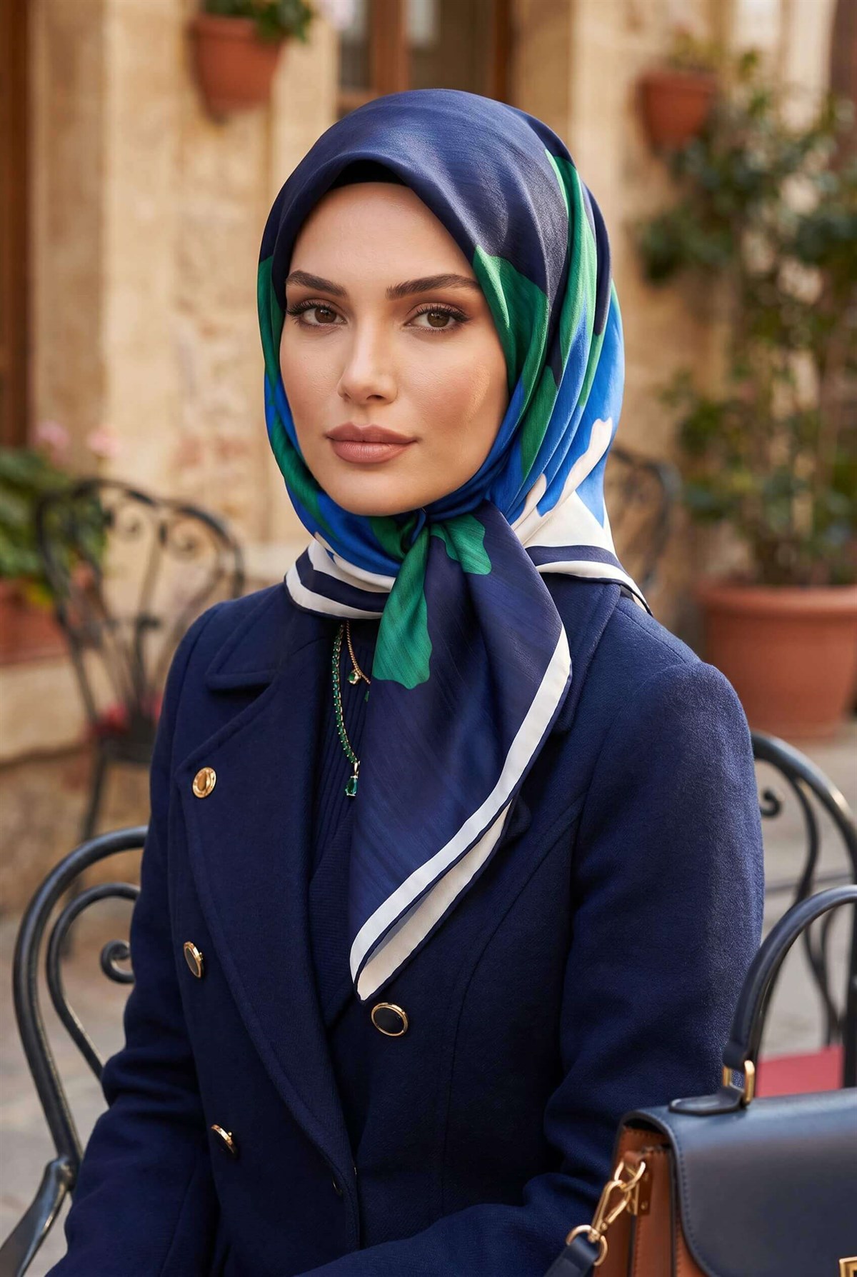 %100 Twill İpek Geometrik Desenli Lacivert - Çam Yeşili Renkli 90x90 Eşarp Dikim Şekli : El Dikişi