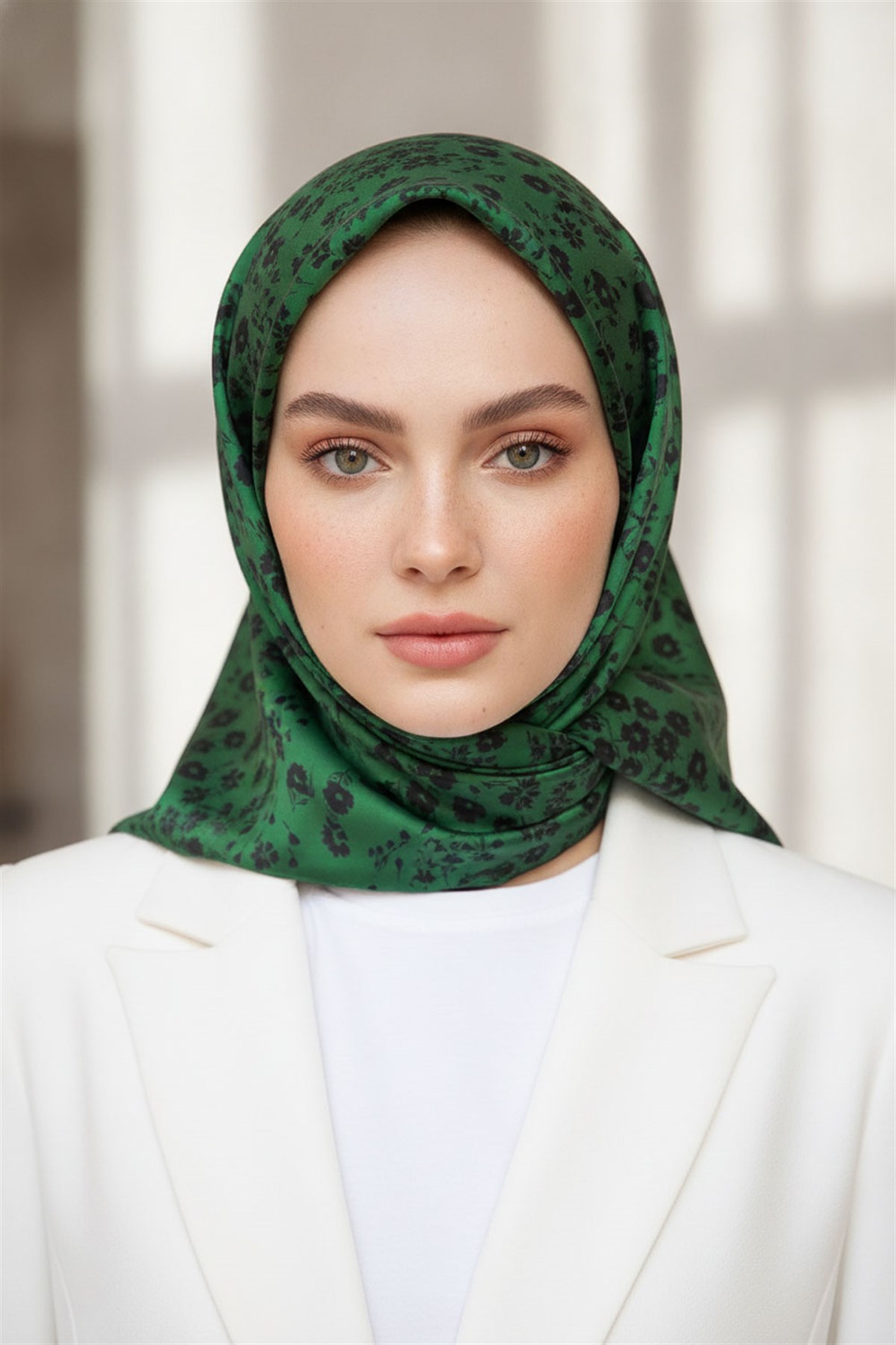 %100 Twill İpek Çıtır Çiçek Desenli Zümrüt Yeşili - Siyah Renkli 90x90 Eşarp Dikim Şekli : El Dikişi