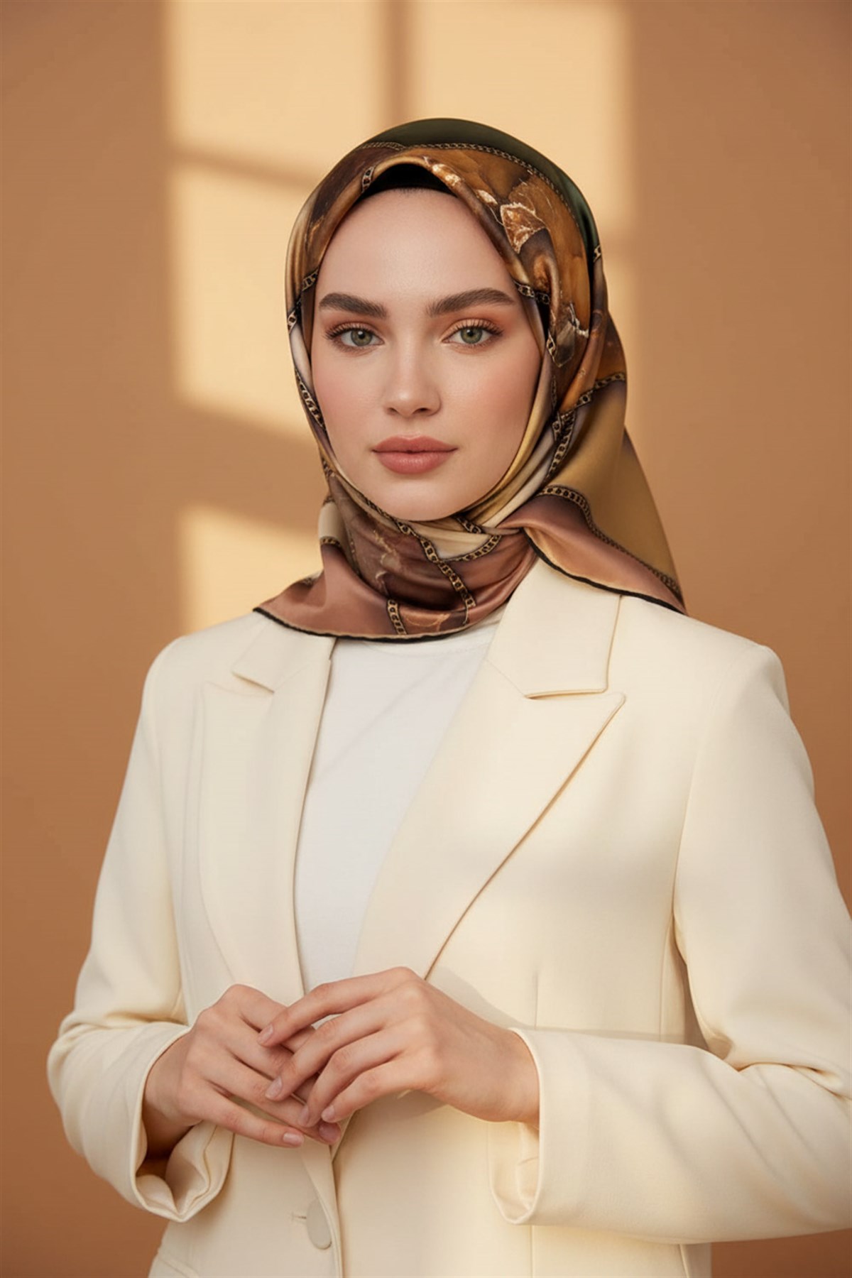 %100 Twill İpek Efektli Bant Desenli Bakır - Bej Renkli 90x90 Eşarp Dikim Şekli : El Dikişi