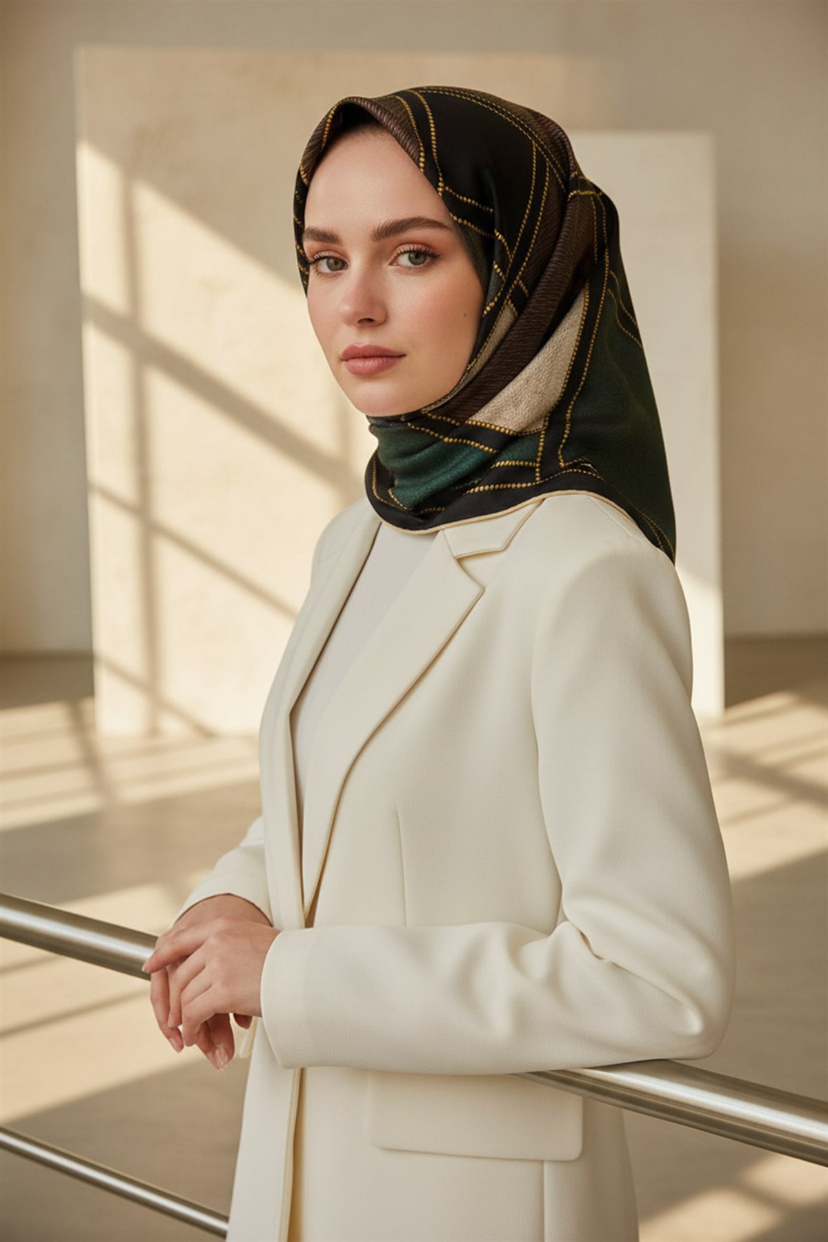 100% Twill İpek Gold Detaylı Kare Desenli Siyah - Zümrüt Yeşili Renkli 90x90 Dikim Şekli : El Dikişi