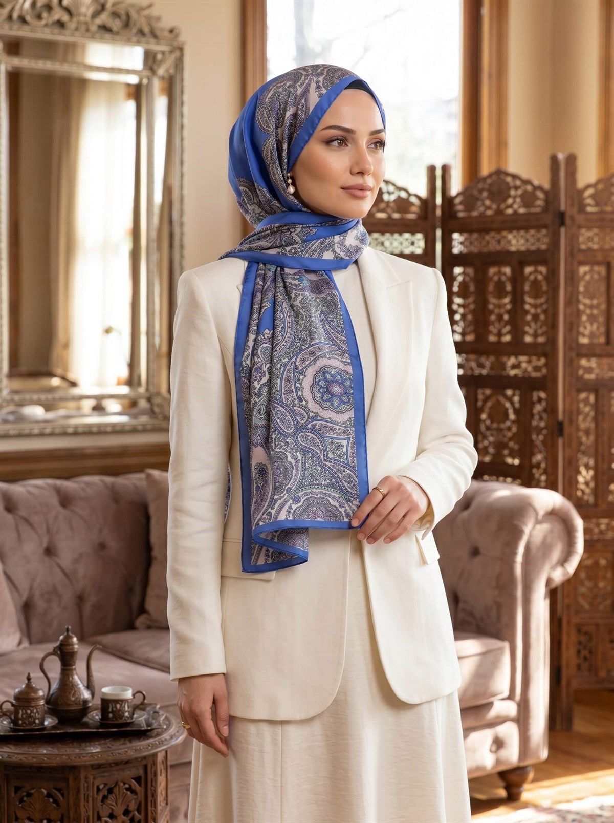 100% İpek Etro Desenli Saks Renkli 92x210 Şal