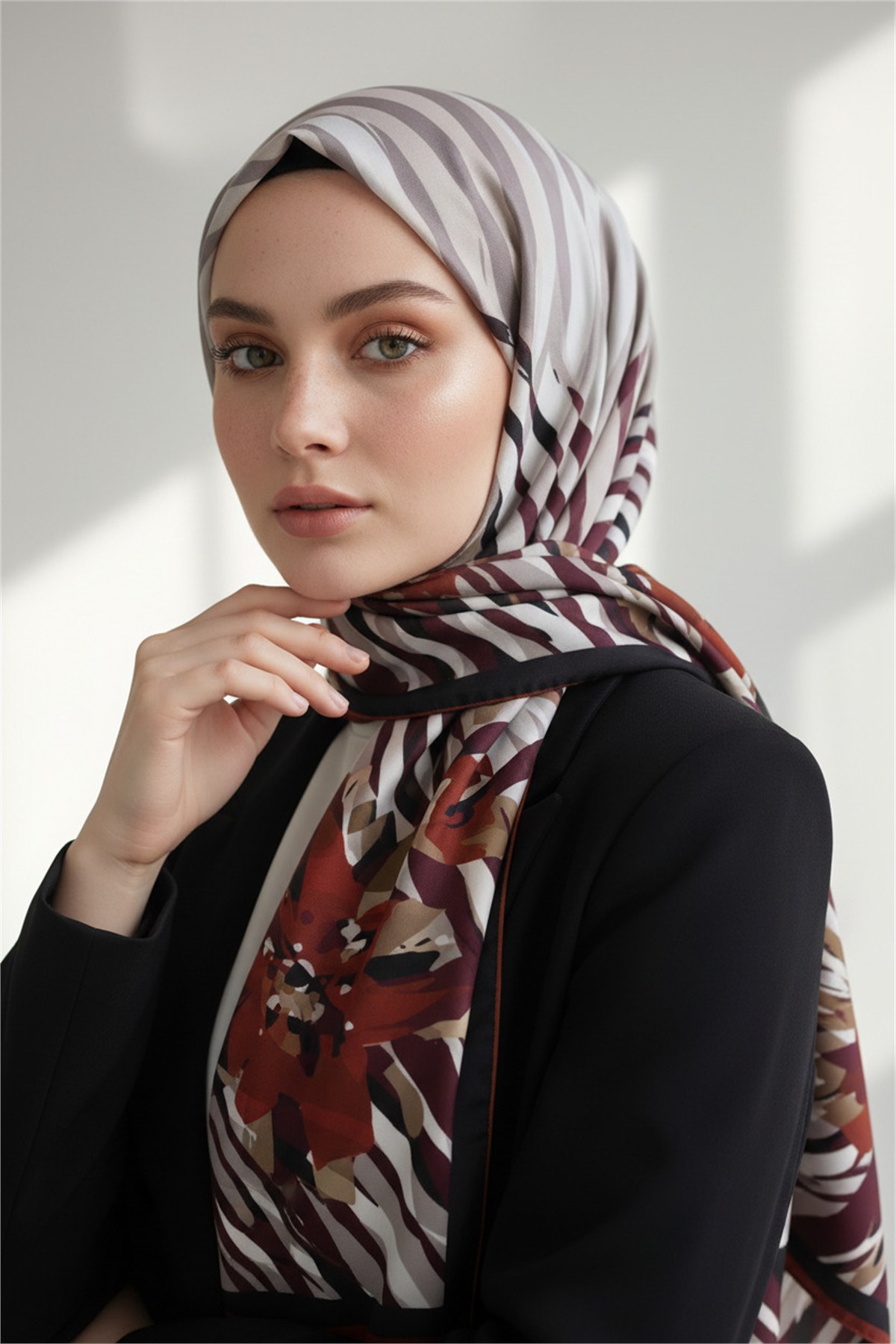 KREP ZEBRA VE ÇİÇEK DESENLİ BORDO RENKLİ 75X195 KIRIŞMAZ ŞAL