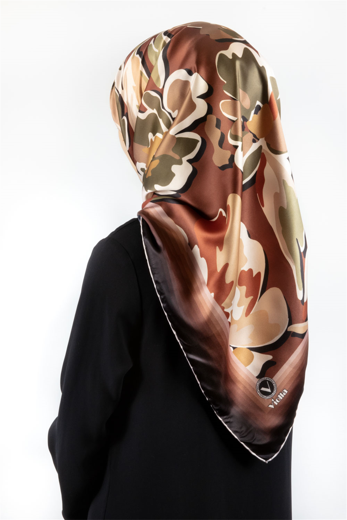 Rayon Büyük Çiçekli Taba Renkli 90x90 Eşarp (İpek İçermez) Kenar Dikiş Şekli El Dikişli