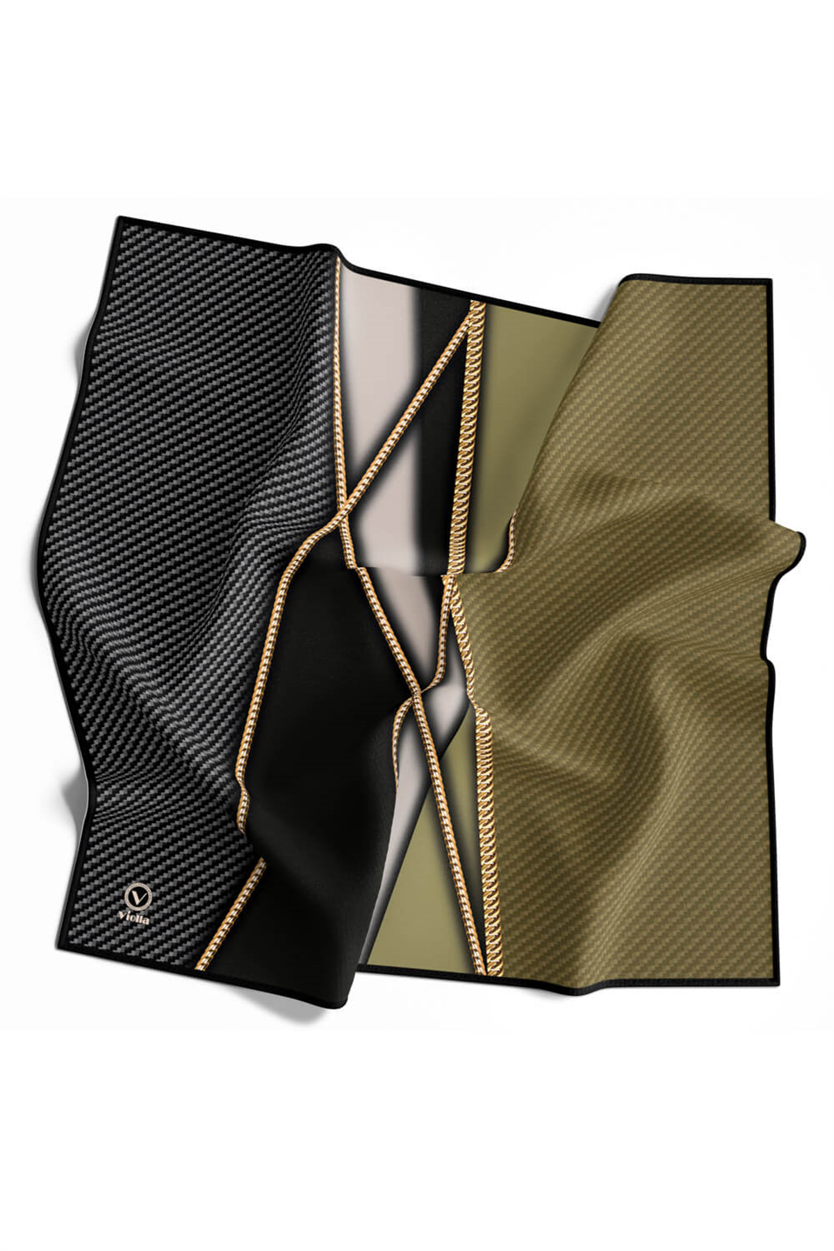 Rayon Gold Detaylı Geometrik Desenli Haki Renkli 90x90 Eşarp (İpek İçermez) Kenar Dikiş Şekli El Dikişli