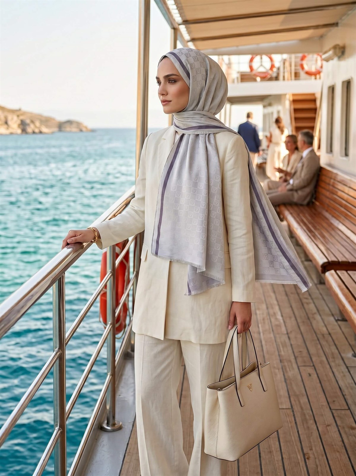 %57 İpek %43 Pamuk Monogram Desenli Gri Renkli 70X190 Yumuşak Dökümlü Şal