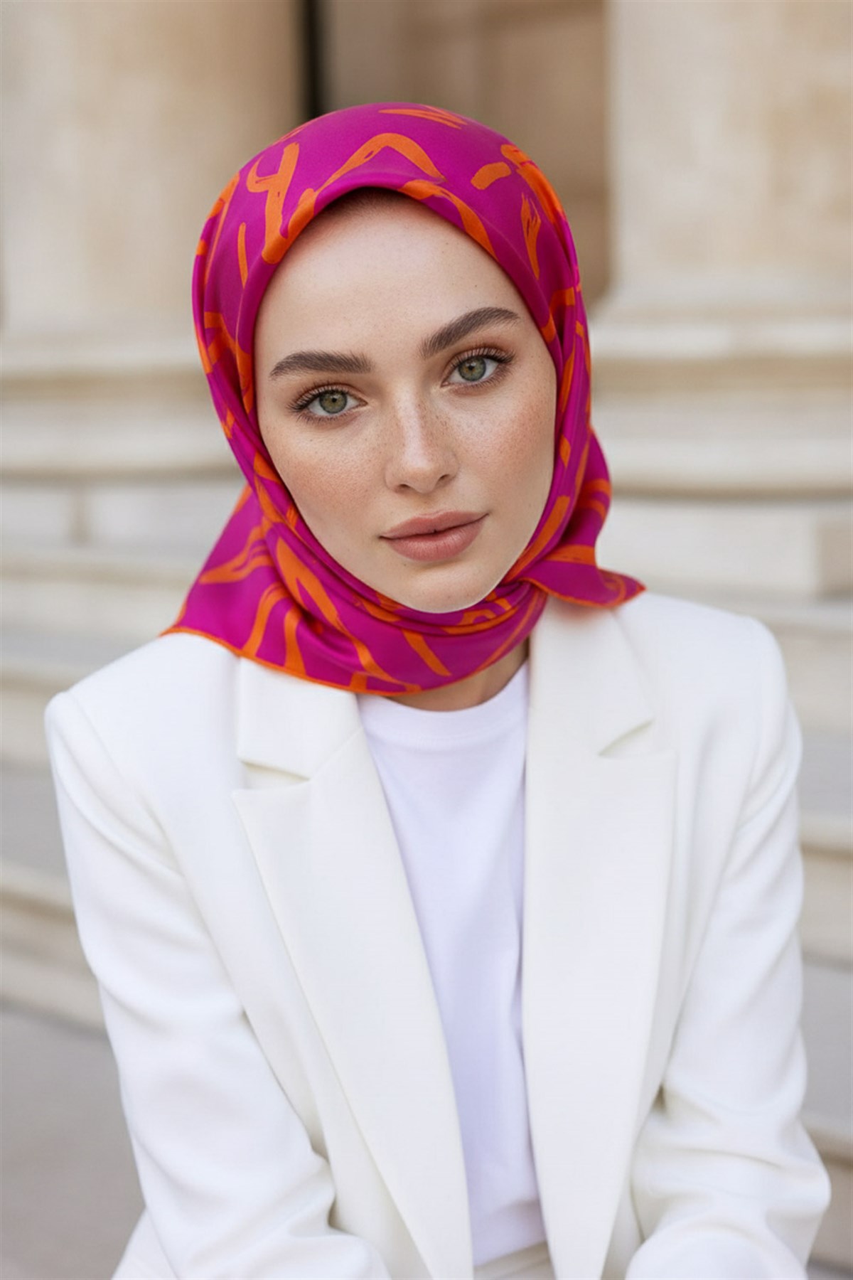 % 57 İPEK % 43 VİSKON Twill İpek Büyük Çiçek Desenli Fuşya - Turuncu Renkli 90x90 Eşarp Dikim Şekli : El Dikişi