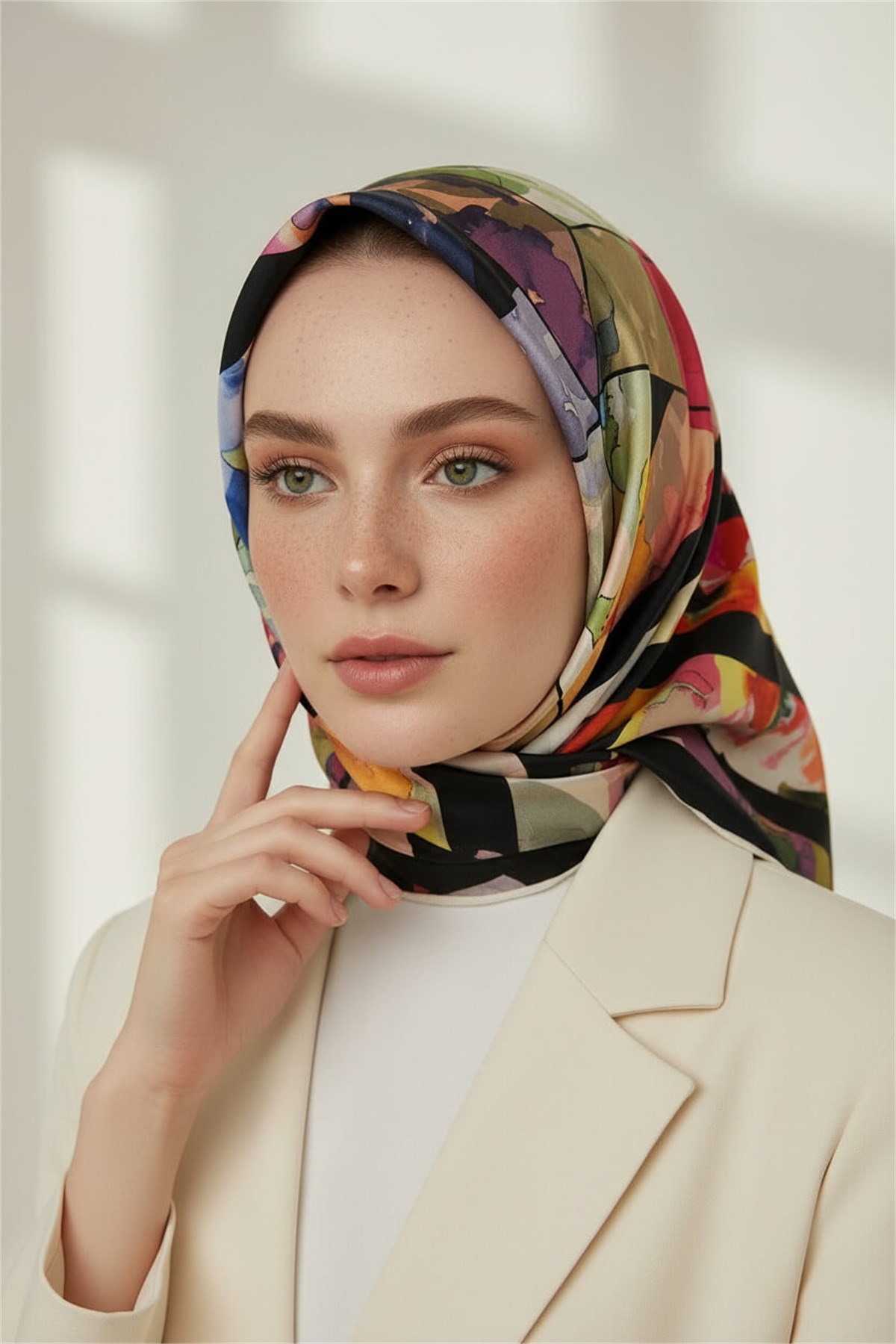 %100 Twill İpek Bahar Çiçekleri Desenli Siyah - Kırmızı Renkli 90x90 Eşarp Kenar Dikiş Şekli El Dikişli