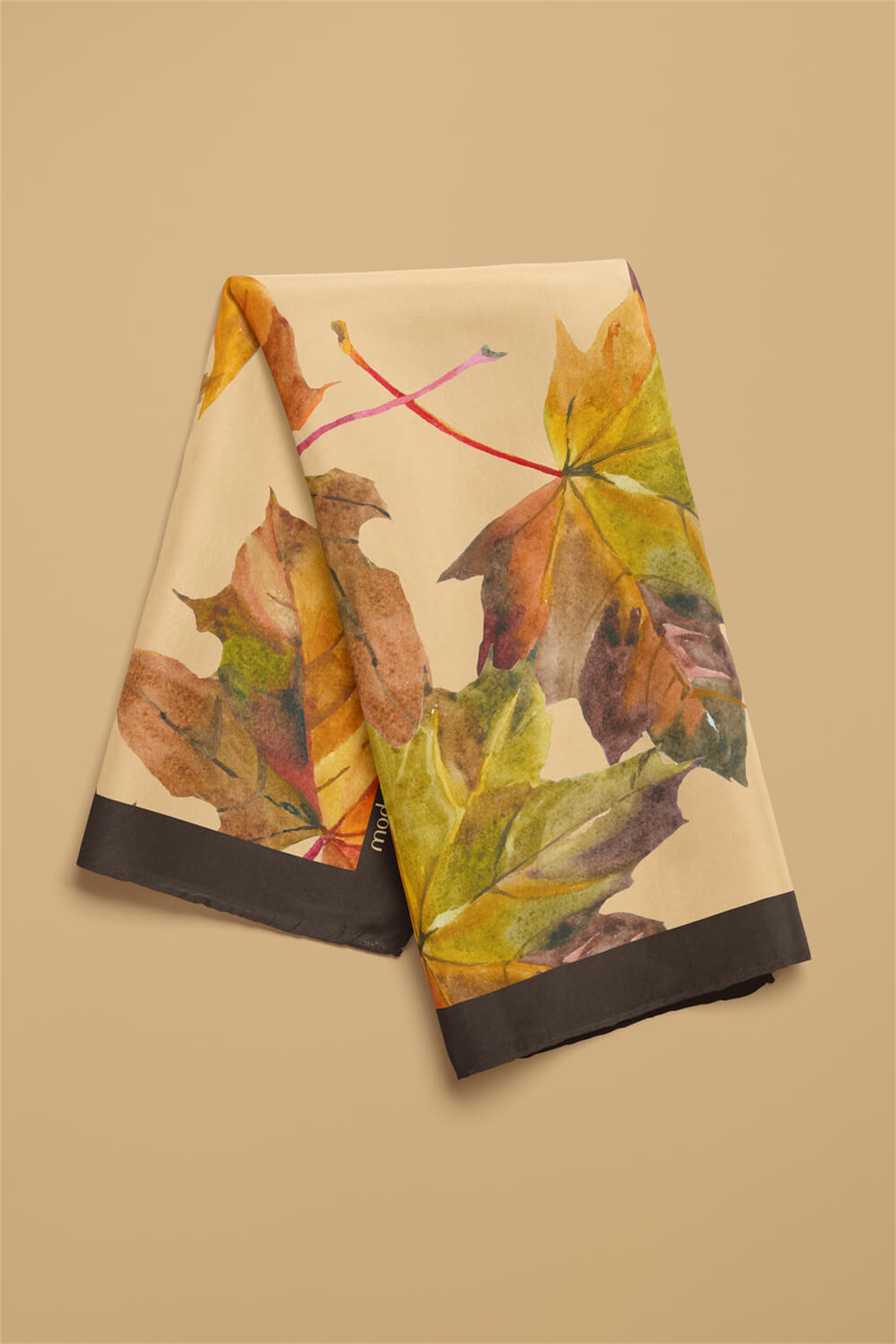 B107 Kadın Yaprak Desenli Bandana 50x50 Yeşil Kahverengi DG0437-22