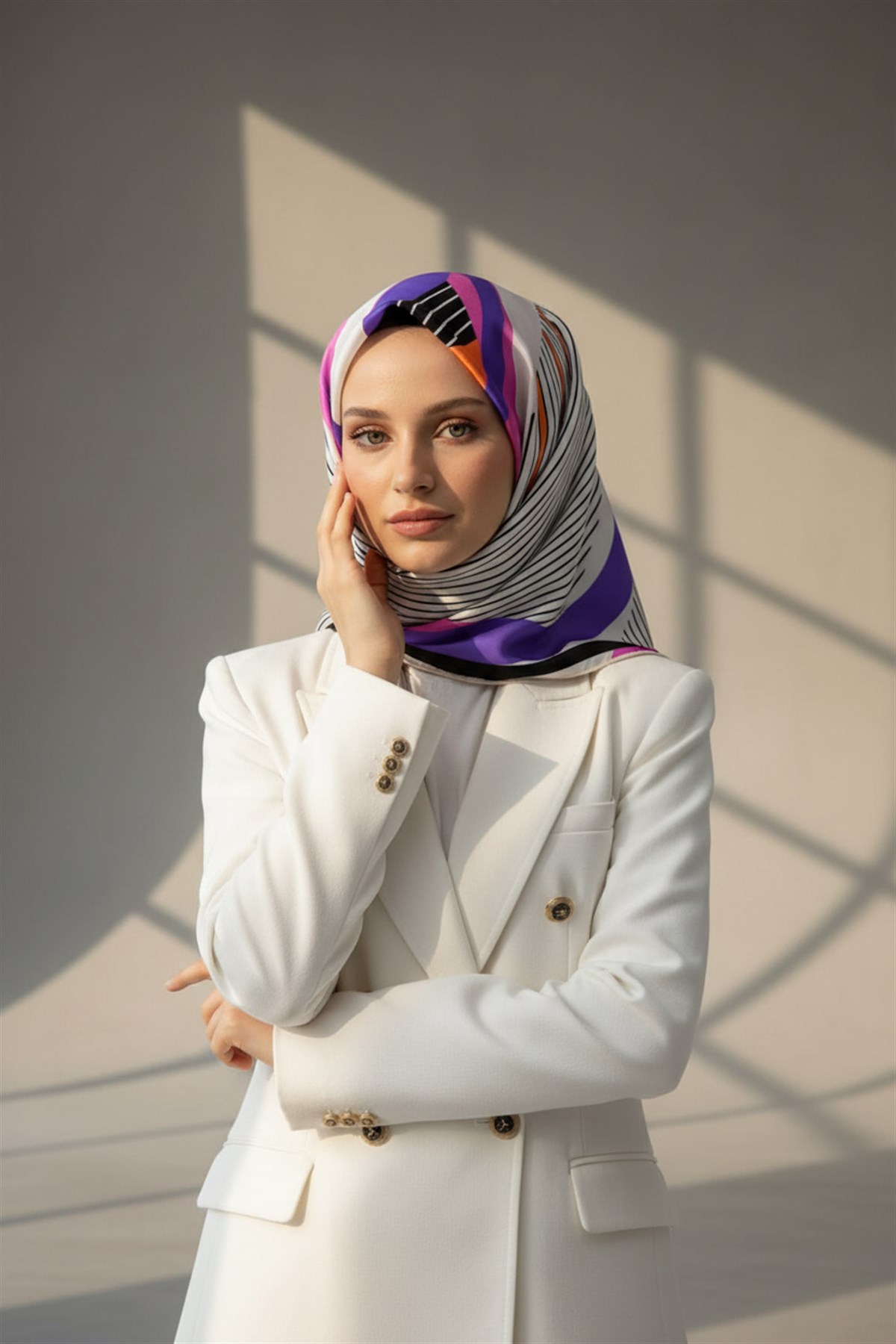 %100 Twill İpek Çizgili Geometrik Desenli Beyaz - Mor Renkli 90x90 Eşarp Dikim Şekli : El Dikişi