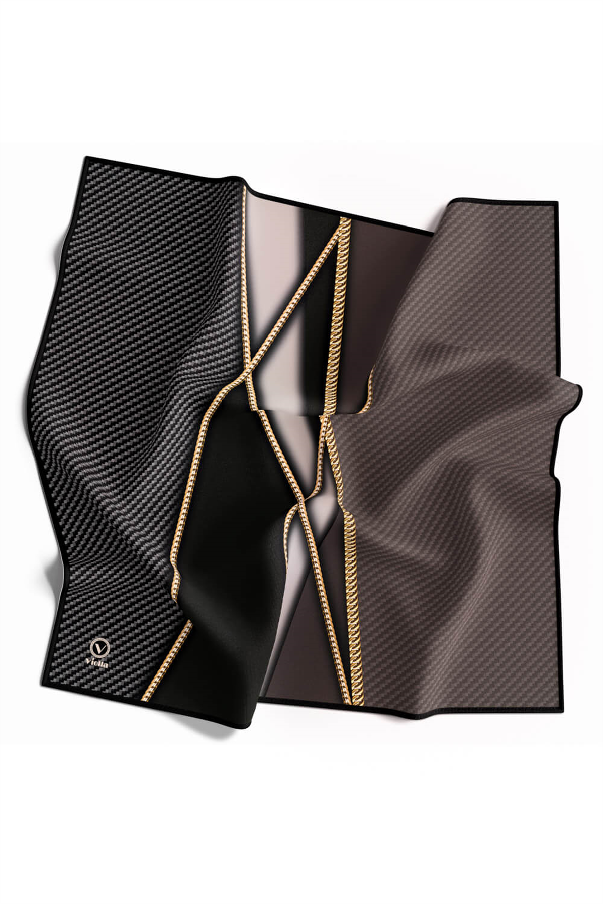 Rayon Gold Detaylı Geometrik Desenli Gri Renkli 90x90 Eşarp (İpek İçermez) Kenar Dikiş Şekli El Dikişli