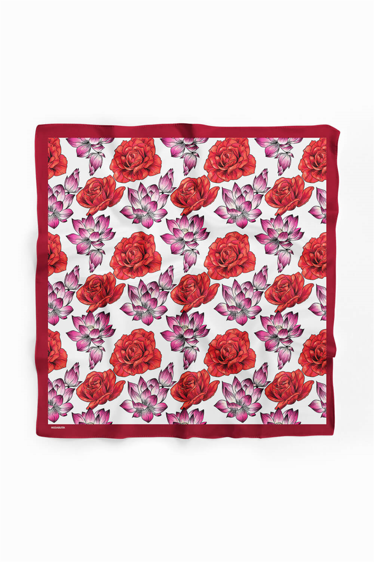Y57 Kadın Çiçek Desenli Bandana 50x50 Kırmızı DG0139-2