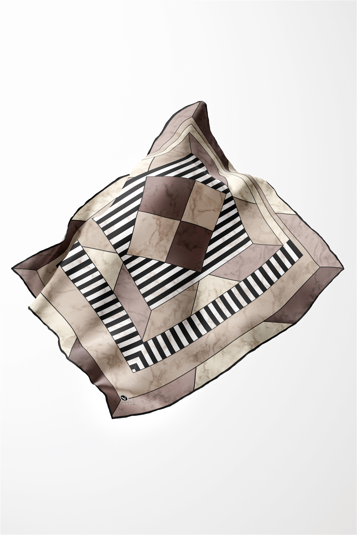 Twill Çizgili Geometrik Mermer Desenli Taş Renkli 90x90 Eşarp (İpek İçermez) Kenar Dikiş Şekli El Dikişli