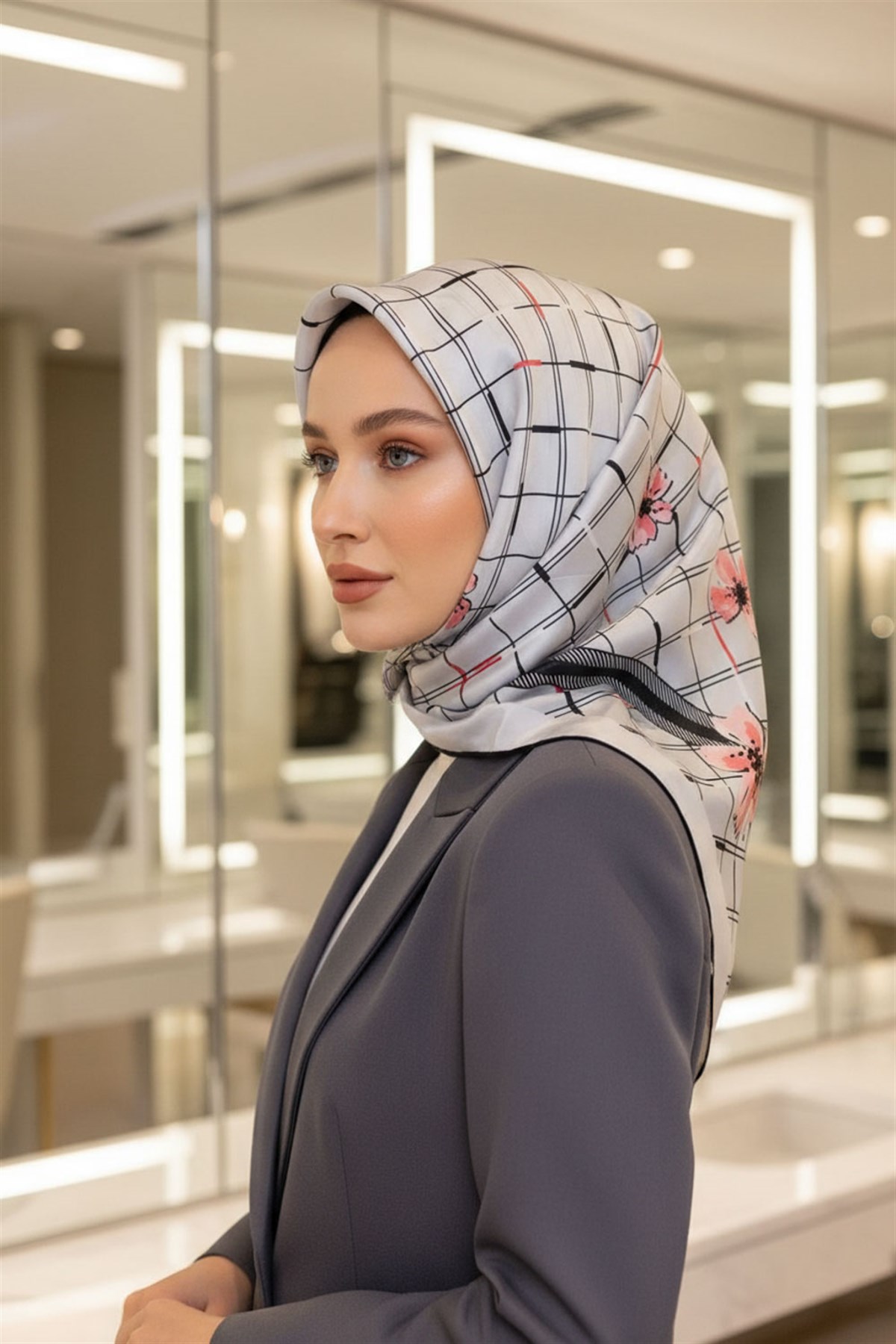 %100 Twill İpek Çıtır Çiçek Desenli Gümüş - Pembe Renkli 90x90 Eşarp Dikim Şekli : El Dikişi