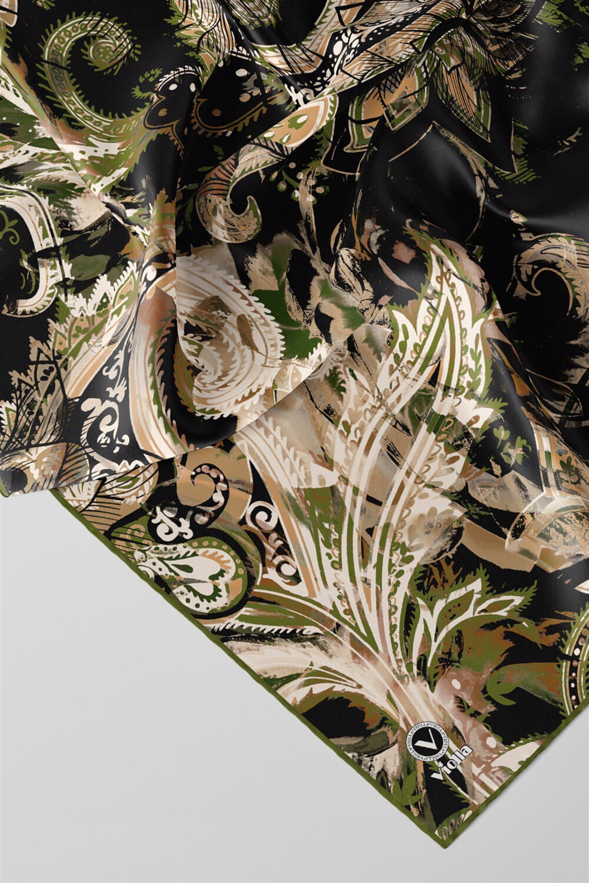 Twill Şal Desenli Haki Renkli 90x90 Eşarp (İpek İçermez) Kenar Dikiş Şekli El Dikişli