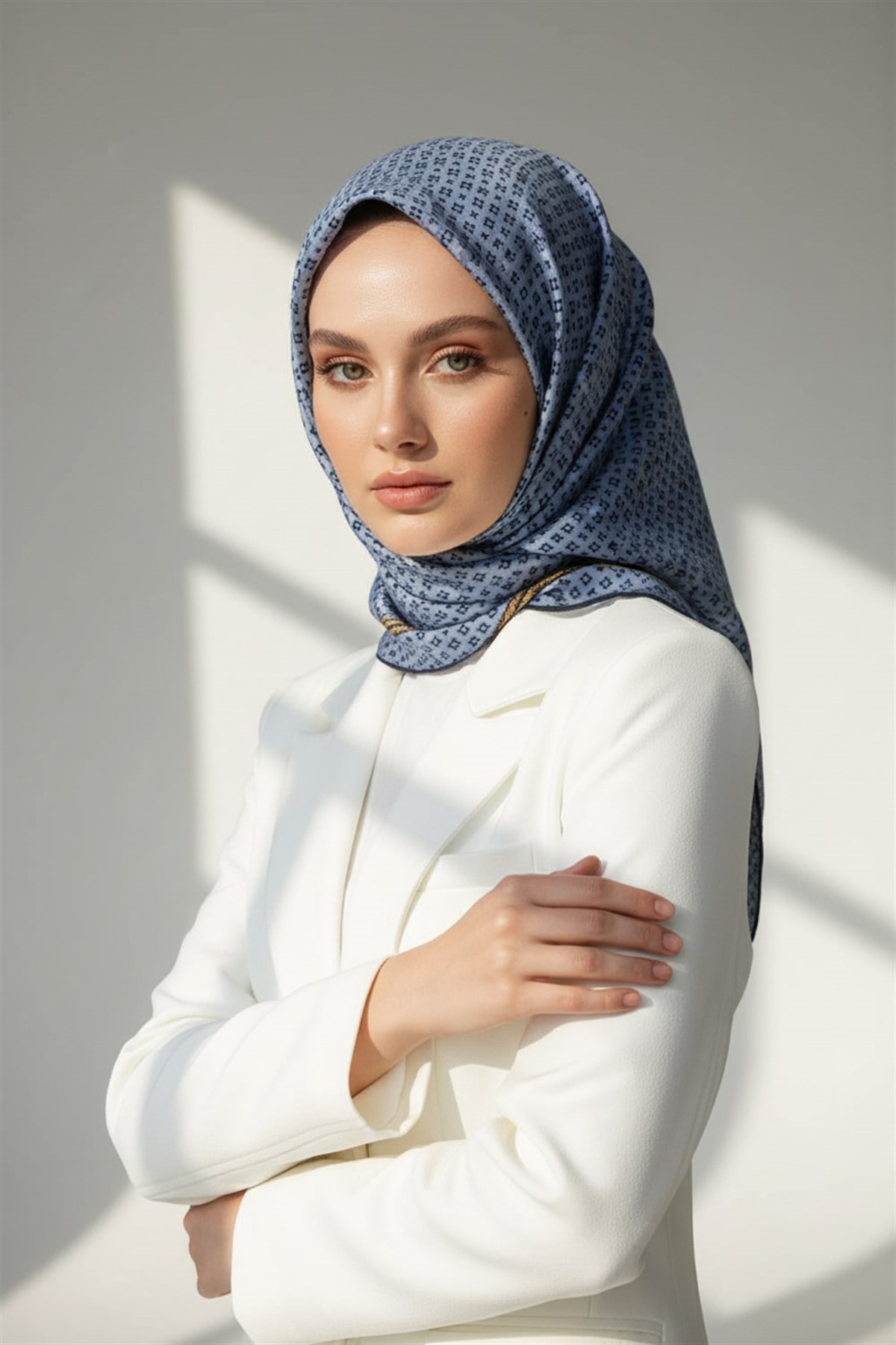%100 Twill İpek Zincir Desenli Bebe Mavisi - Siyah Renkli 90x90 Eşarp Dikim Şekli : El Dikişi