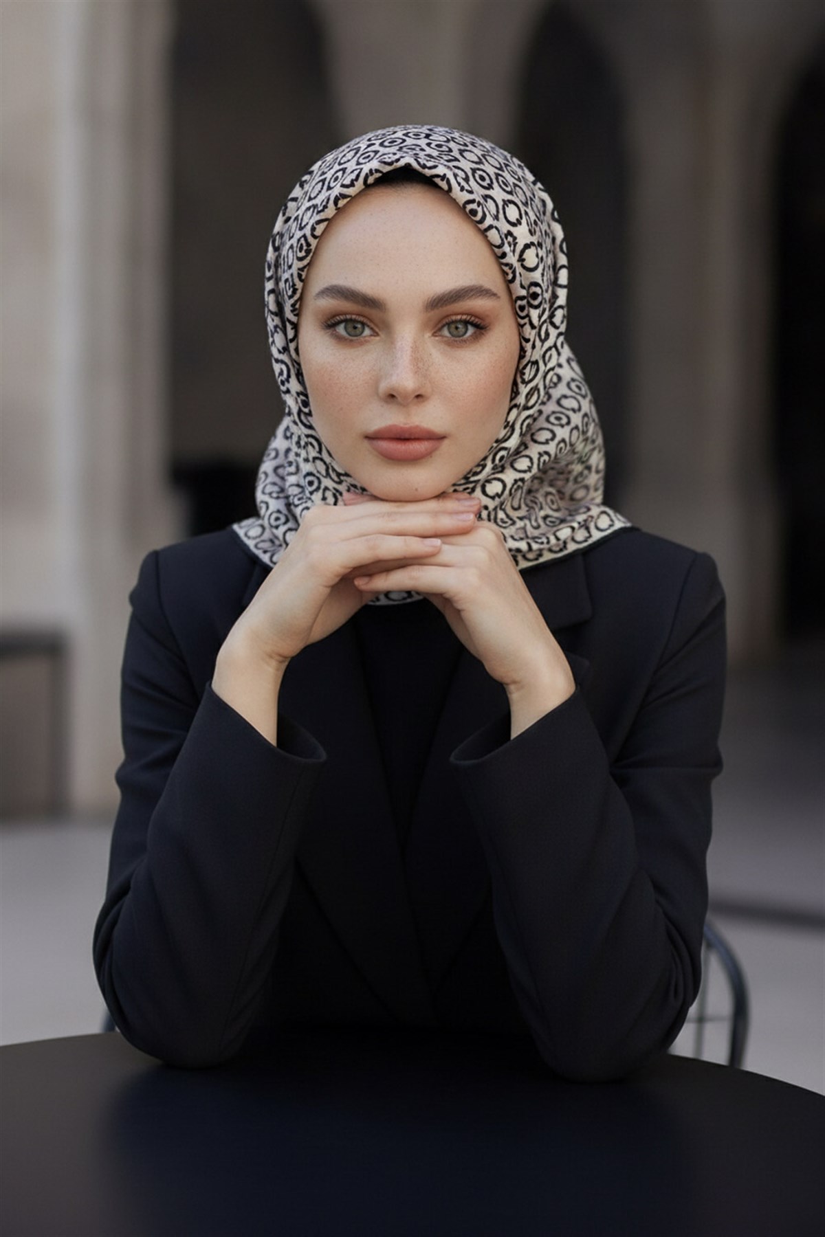 %100 Twill İpek Zincir Desenli Krem - Siyah Renkli 90x90 Eşarp Kenar Dikiş Şekli El Dikişli
