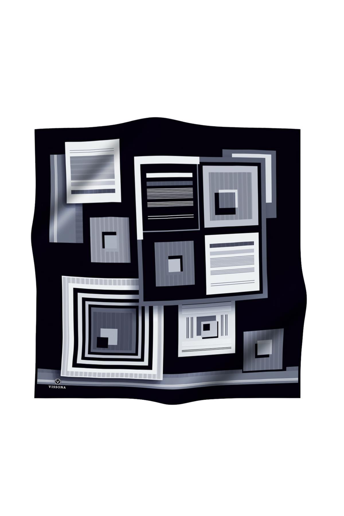 %100 Twill İpek Kare Desenli Siyah - Gri Renkli 90x90 Eşarp Kenar Dikiş Şekli El Dikişli