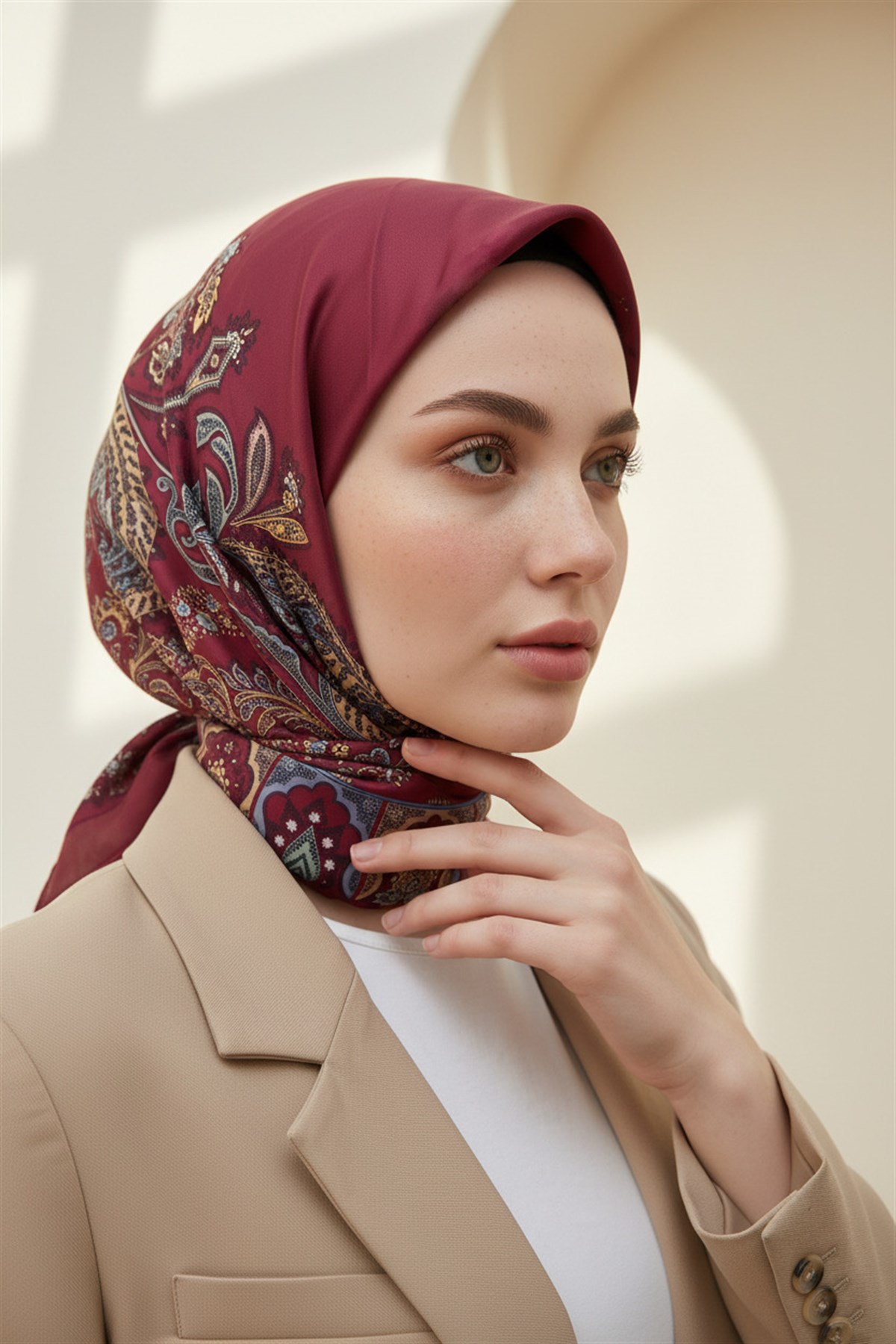 100% Twill İpek Etnik Desenli Bordo Renkli 90x90 Dikim Şekli : El Dikişi Eşarp