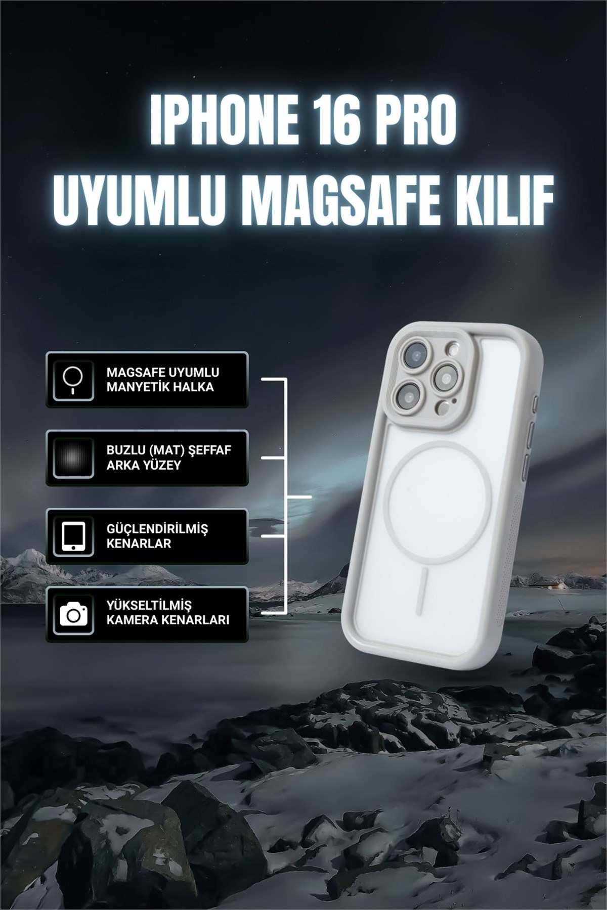 iPhone 16 Pro Kılıf – Kamera Korumalı – MagSafe Uyumlu – Gri Renk – Mat Silikon Telefon Kılıfı