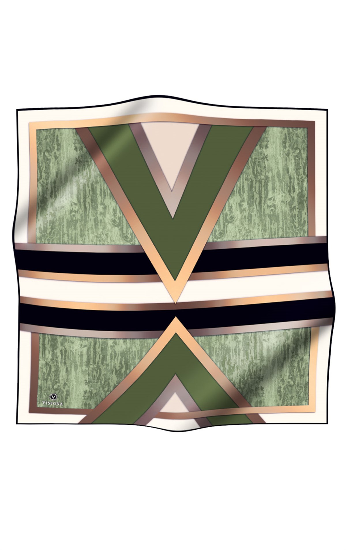 %100 Twill İpek Dokulu Ve Geometrik Desenli Gold - Haki Renkli 90x90 Eşarp Dikim Şekli : El Dikişi