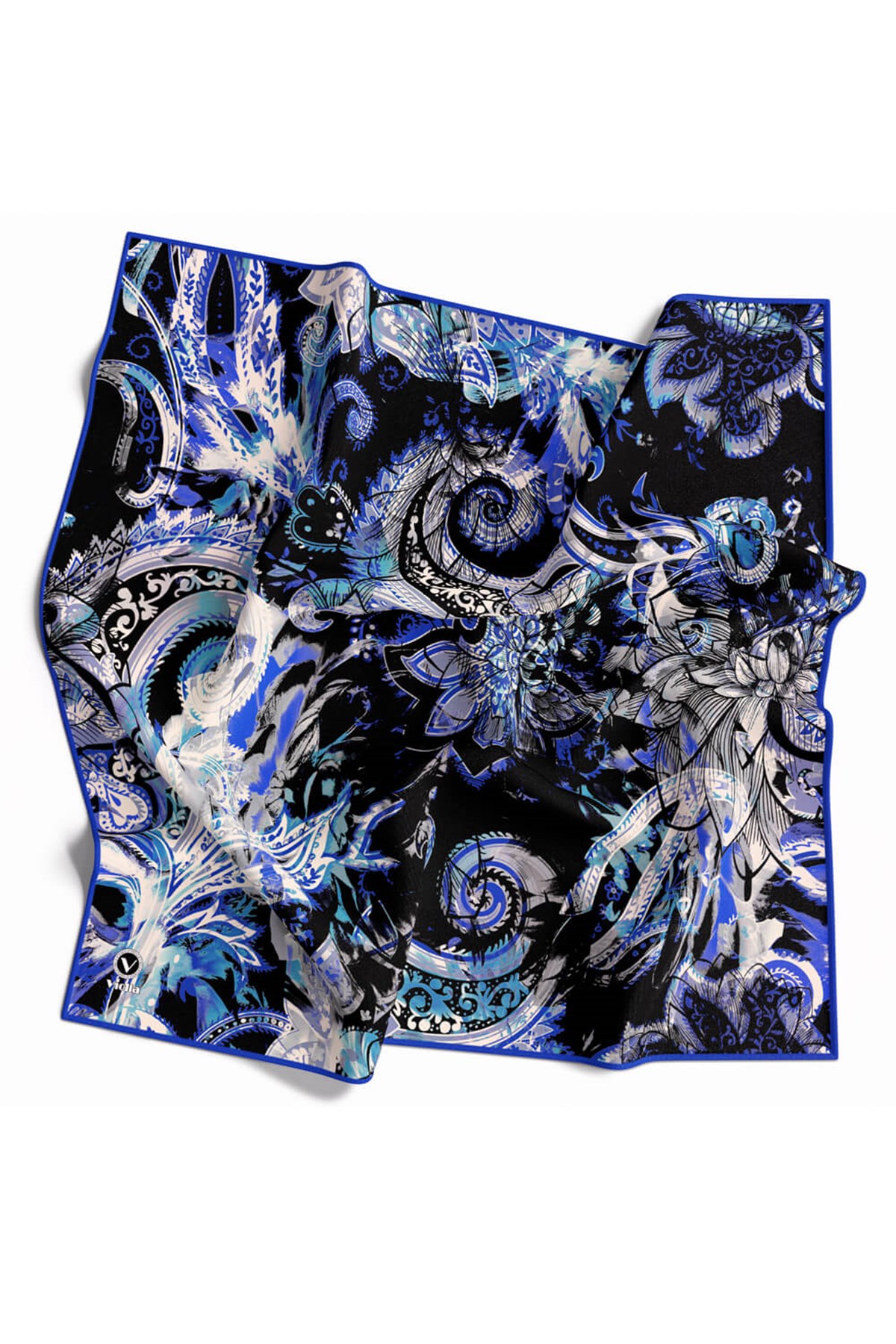 Twill Şal Desenli Saks Renkli 90x90 Eşarp (İpek İçermez) Kenar Dikiş Şekli El Dikişli