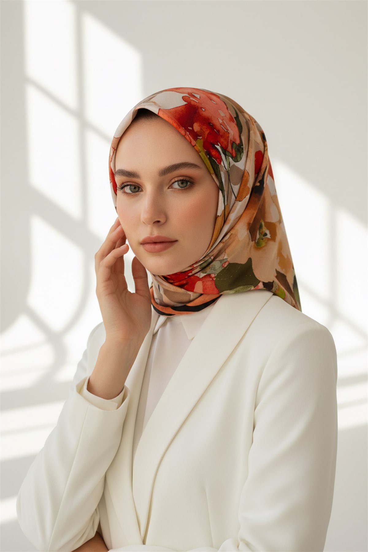 % 57 İPEK % 43 VİSKON Twill İpek Sulu Boyalı Çiçek Desenli Kırmızı - Vizon Renkli 90x90 Eşarp Dikim Şekli : El Dikişi