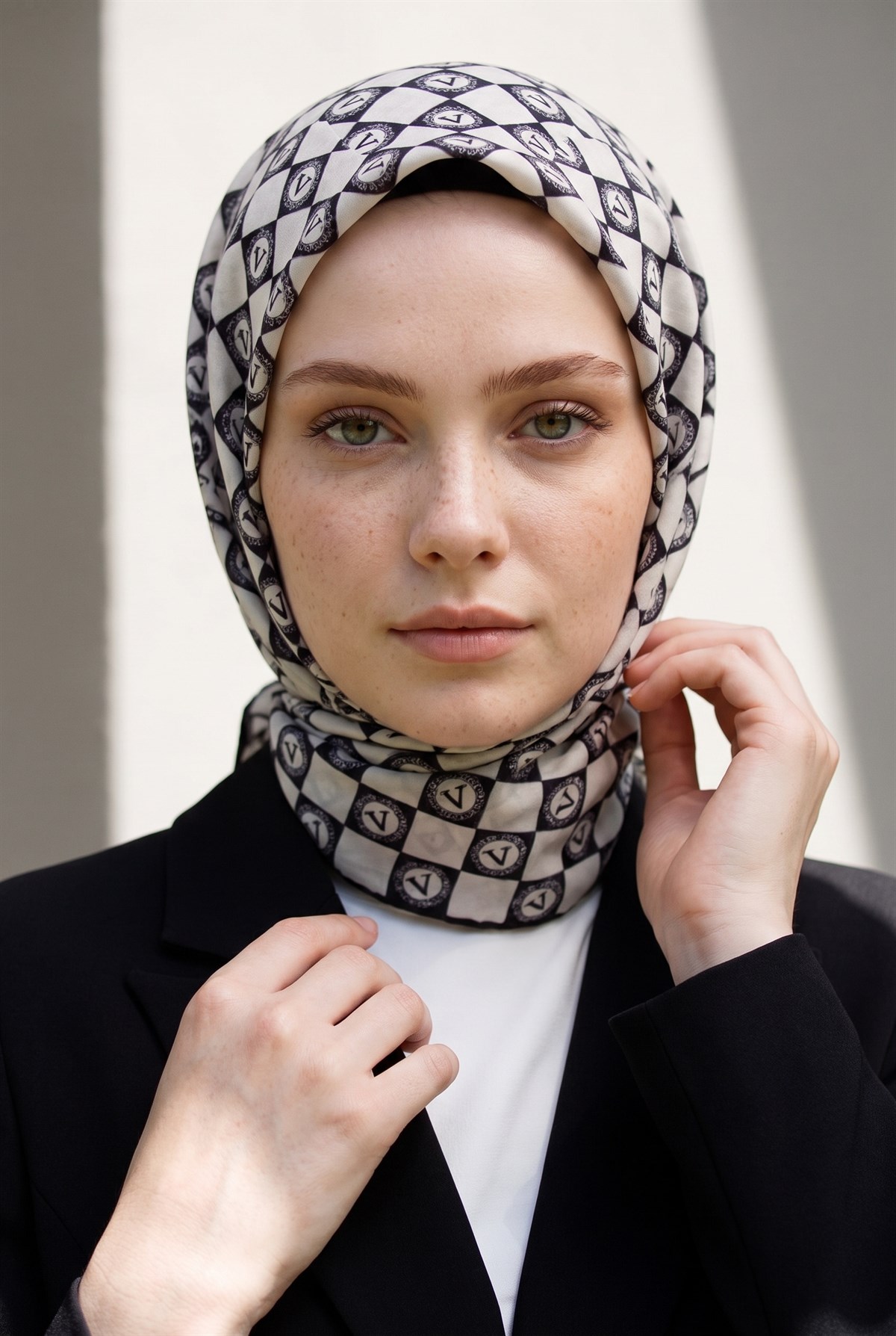 %100 Twill İpek Monogram Desenli Siyah - Krem Renkli 90x90 Eşarp Dikim Şekli : El Dikişi
