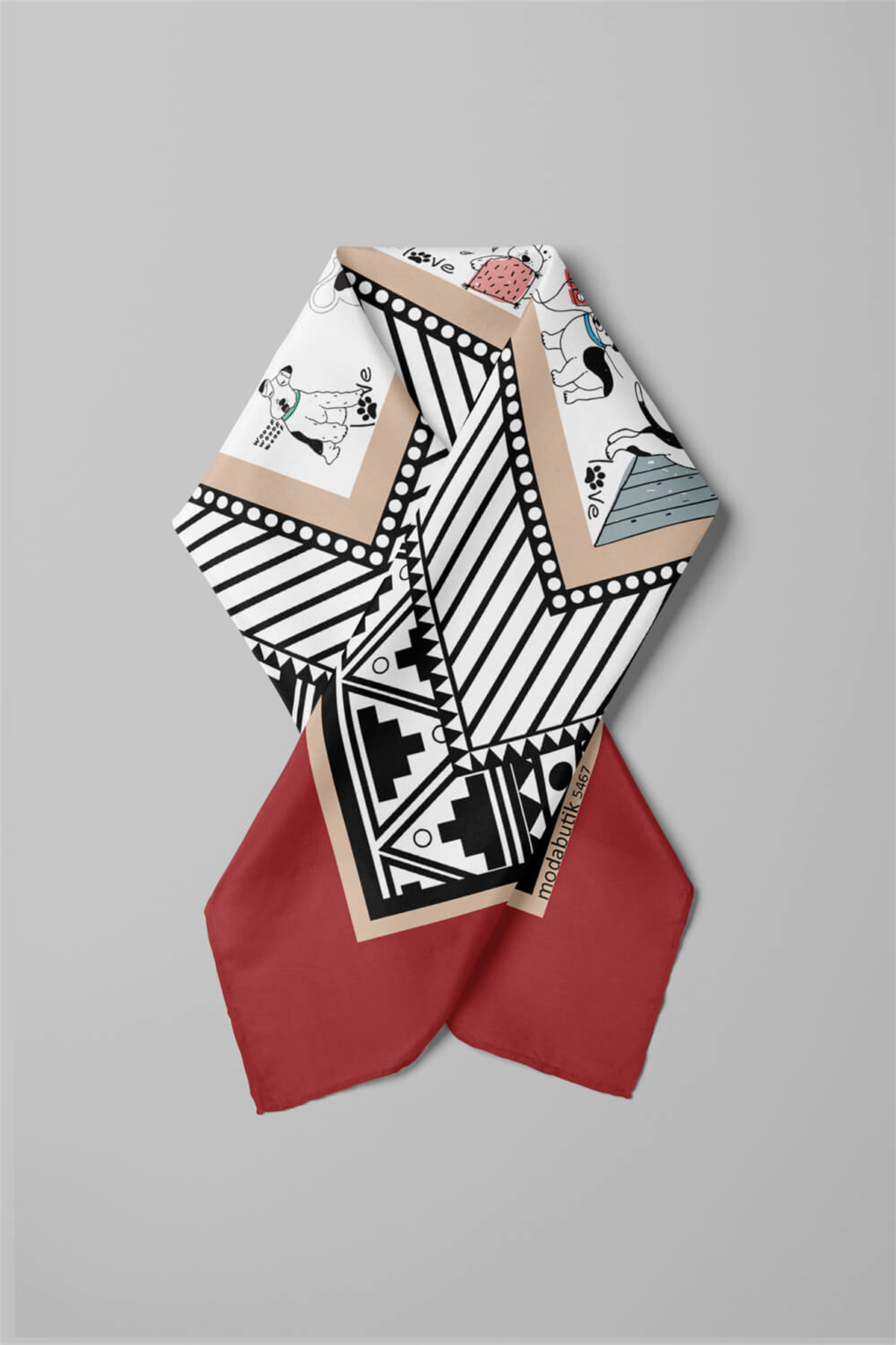 Etnik Dog Desenli Kırmızı Siyah Köpek Bandanası DG5467 45x45