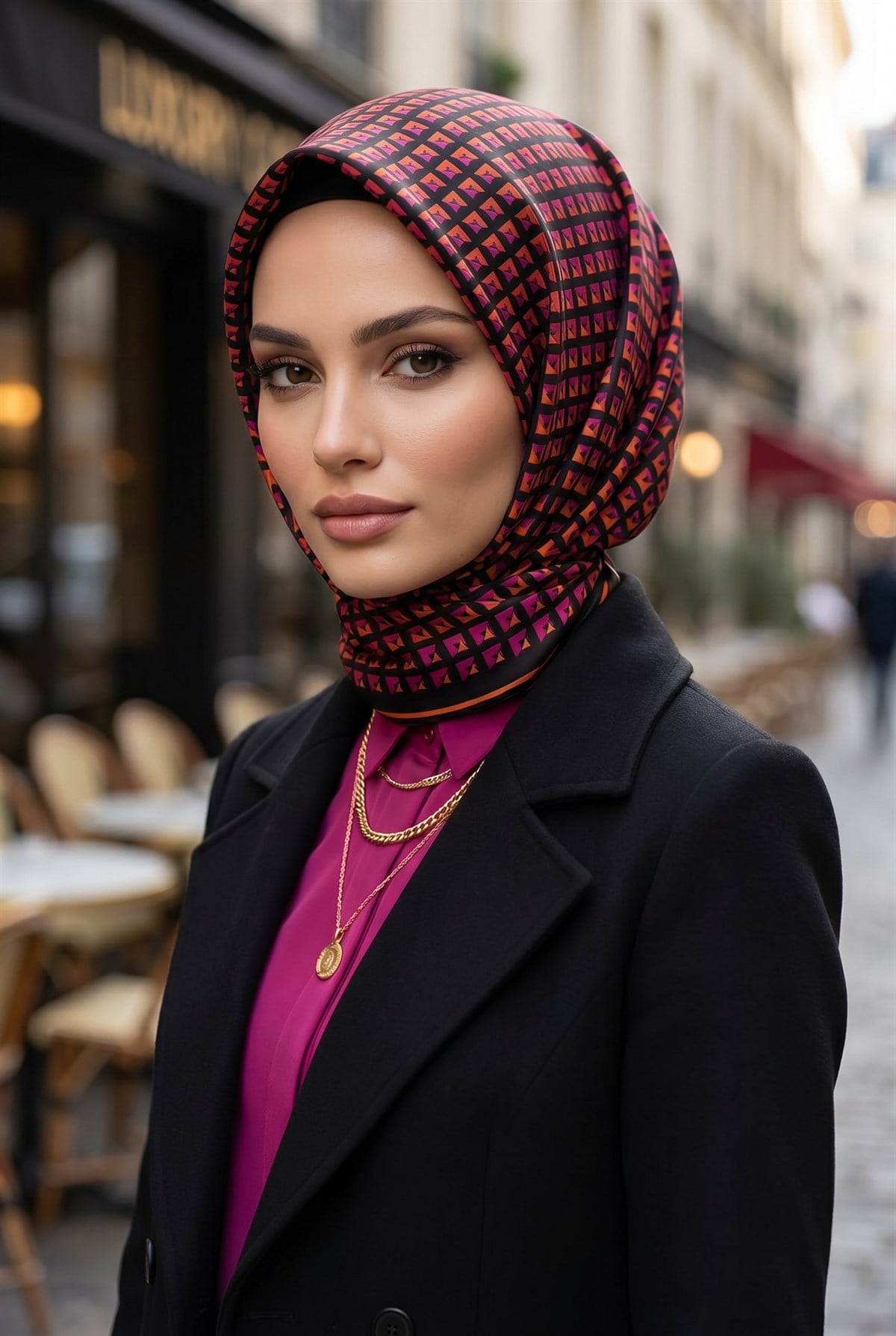 %100 Twill İpek Geometrik Desenli Fuşya - Turuncu Renkli 90x90 Eşarp Dikim Şekli : El Dikişi