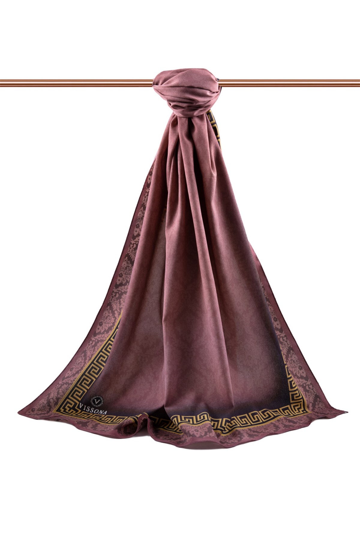 KREP GOLD DETAYLI BAROK DESENLİ GÜL KURUSU RENKLİ 75X195 KIRIŞMAZ ŞAL
