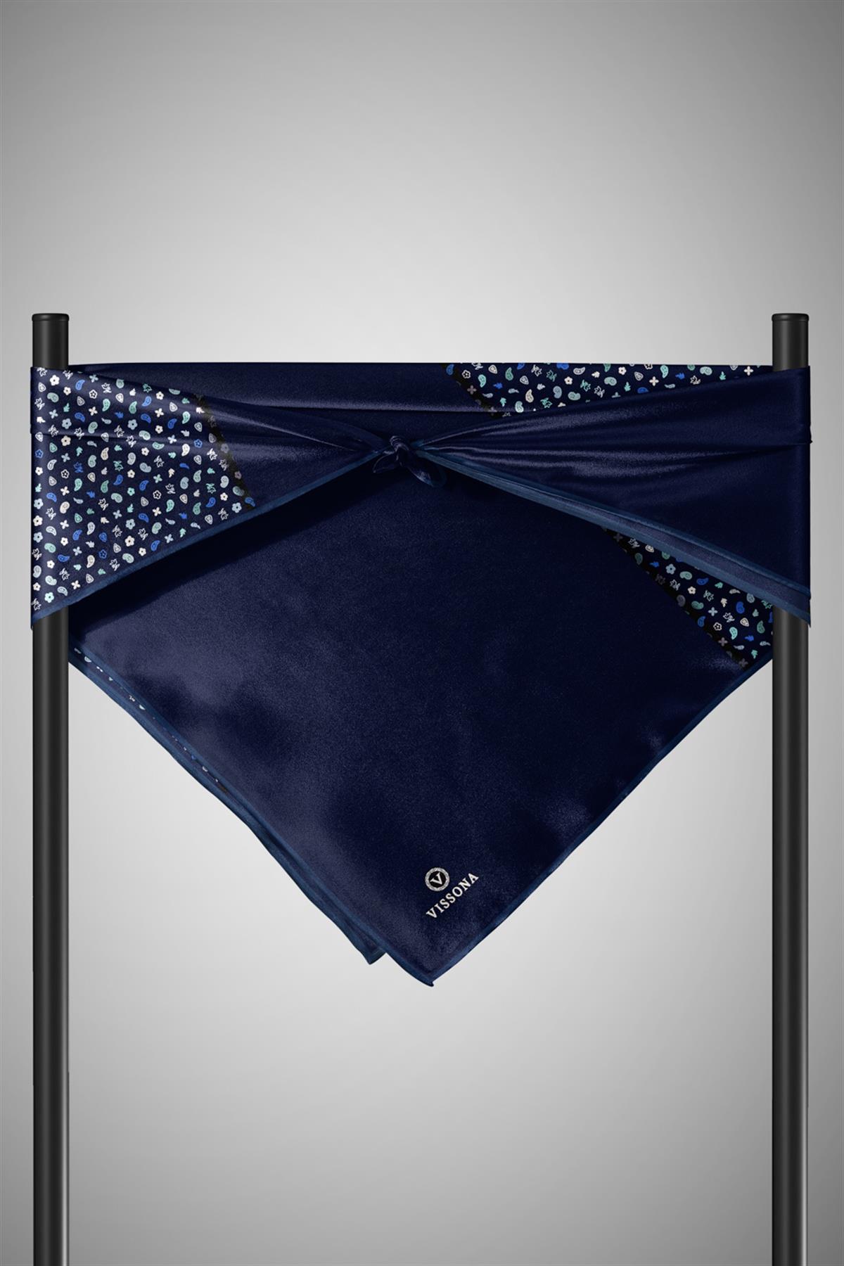 %100 Twill İpek Çıtır Şerit Desenli Lacivert - İndigo Renkli 90x90 Eşarp Dikim Şekli : El Dikişi