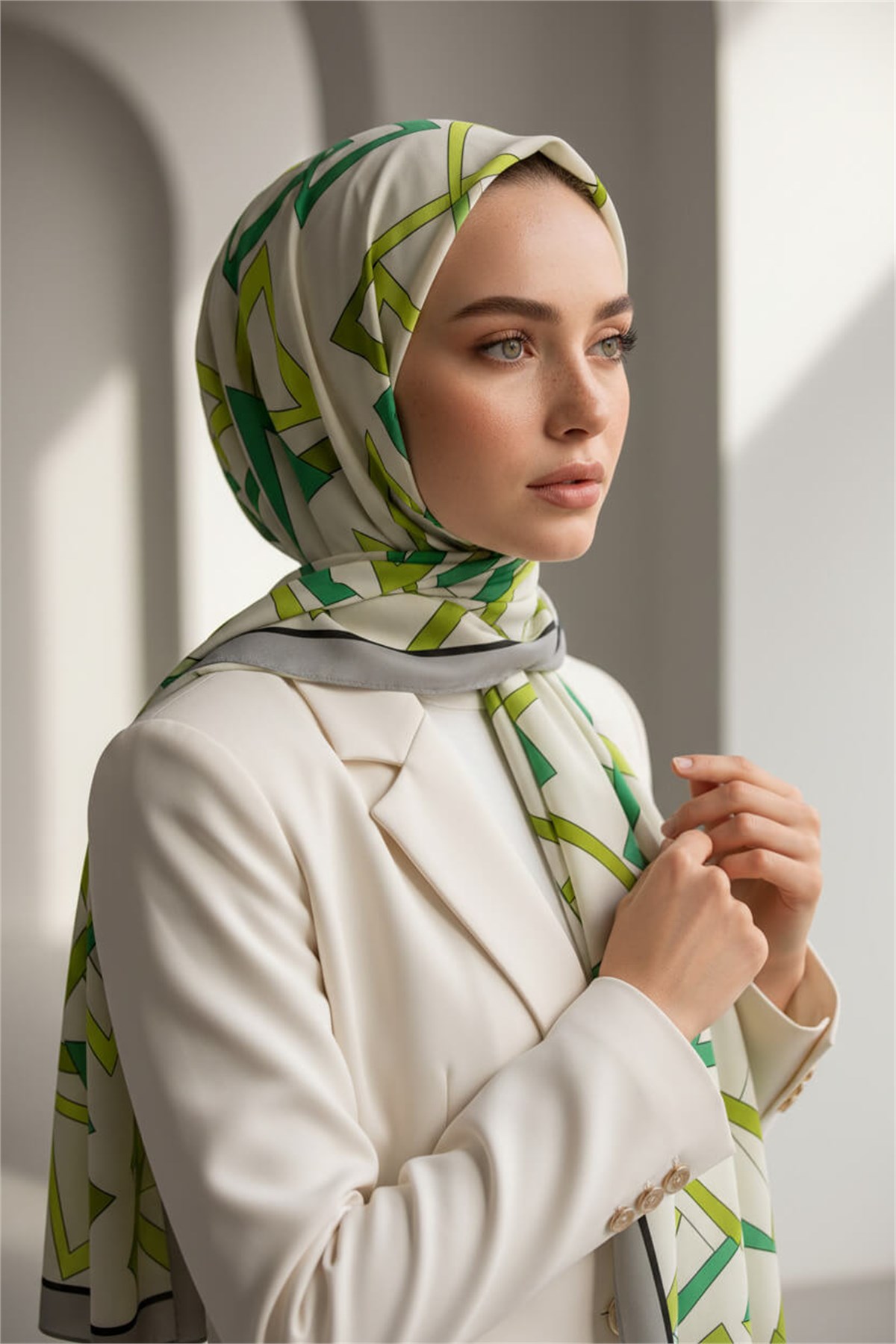 KREP GEOMETRİK DESENLİ FISTIK YEŞİLİ RENKLİ 75X195 KIRIŞMAZ ŞAL