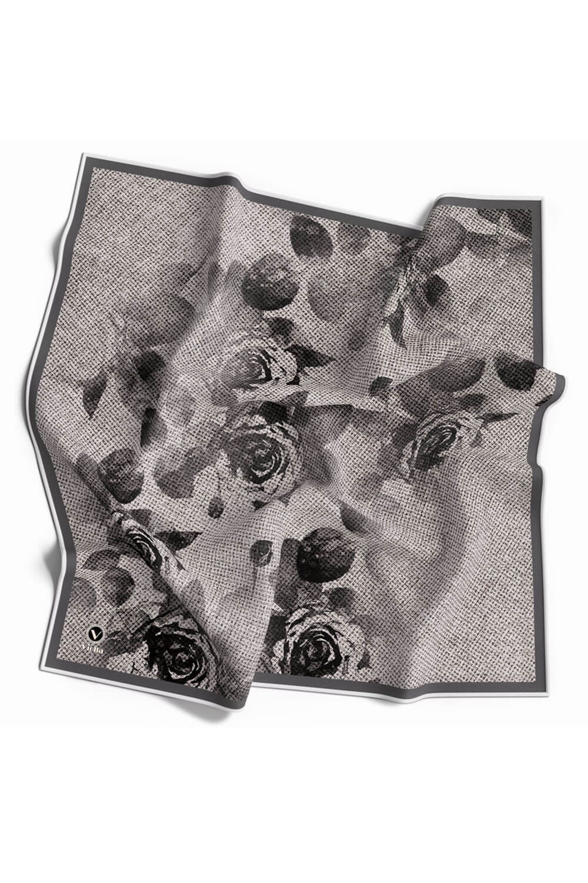 Twill Gül Desenli Gri Renkli 90x90 Eşarp (İpek İçermez) Kenar Dikiş Şekli El Dikişli