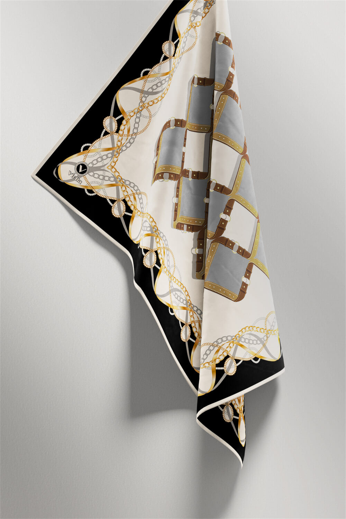 Twill Kemer Ve Zincir Desenli Gri Renkli 90x90 Eşarp (İpek İçermez) Kenar Dikiş Şekli El Dikişli