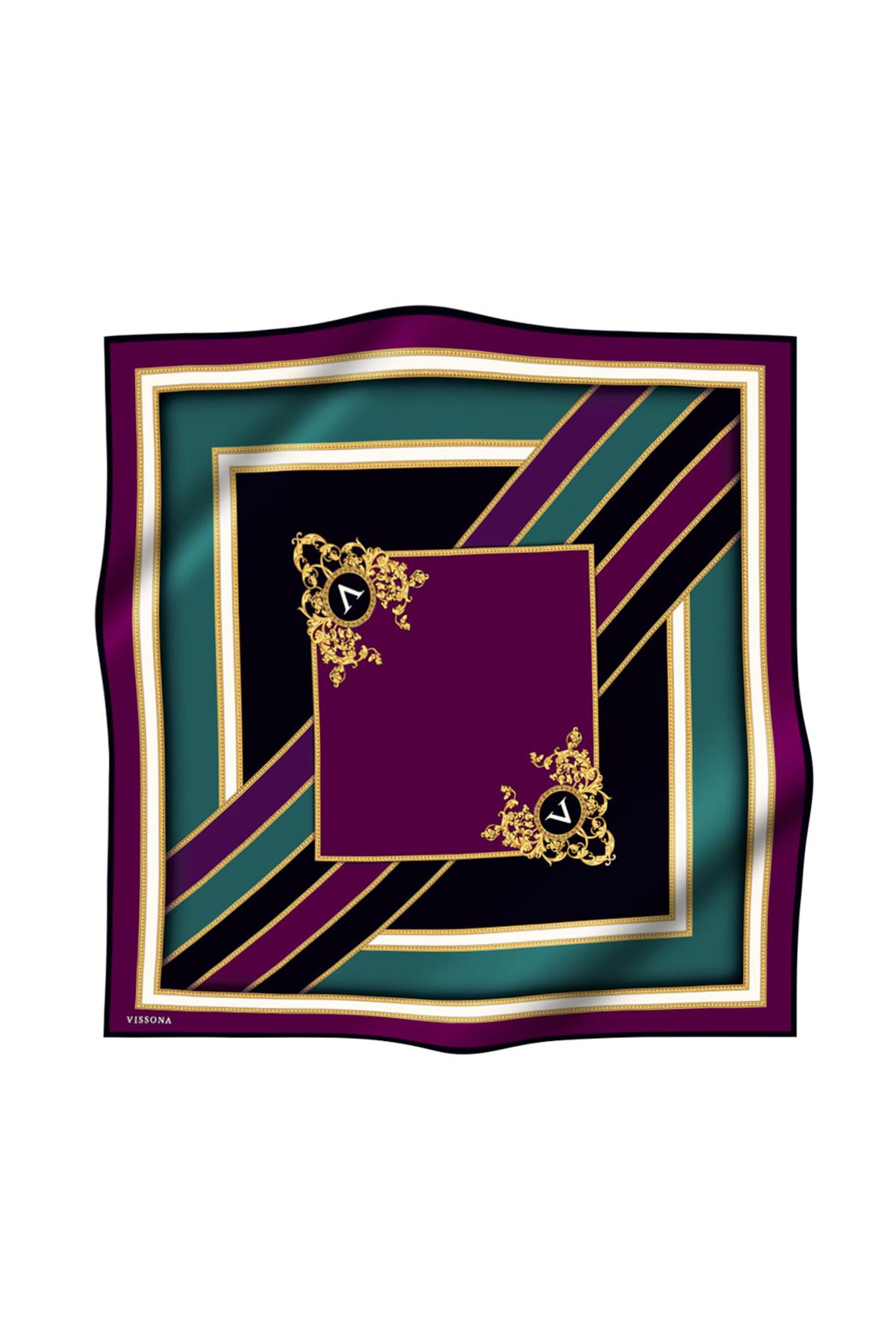 %100 Twill İpek Baroklu Ve Geometrik Desenli Mürdüm - Petrol Yeşili Renkli 90x90 Eşarp Dikim Şekli : El Dikişi