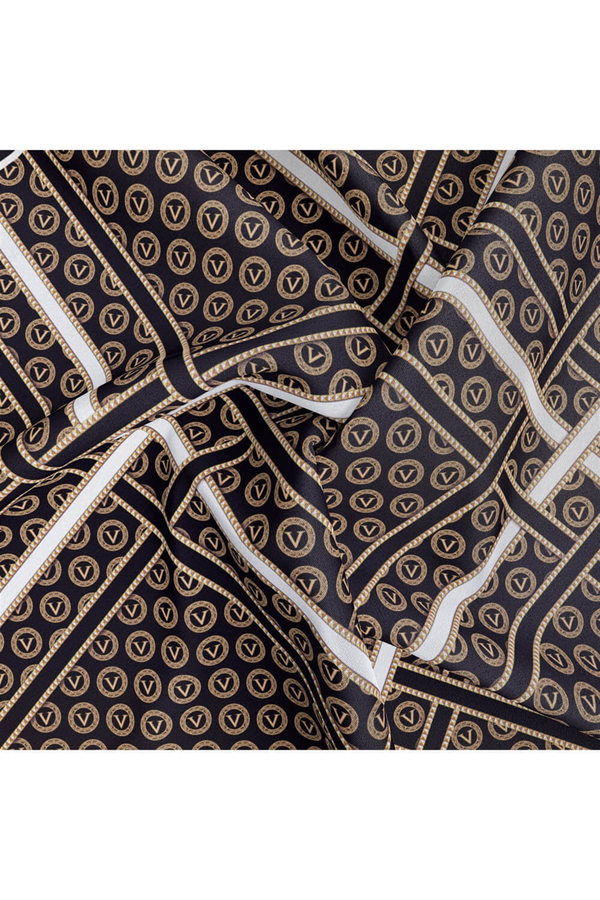 %100 Twill İpek Gold Şeritli Monogram Desenli Siyah - Gold Renkli 90x90 Eşarp Dikim Şekli : El Dikişi