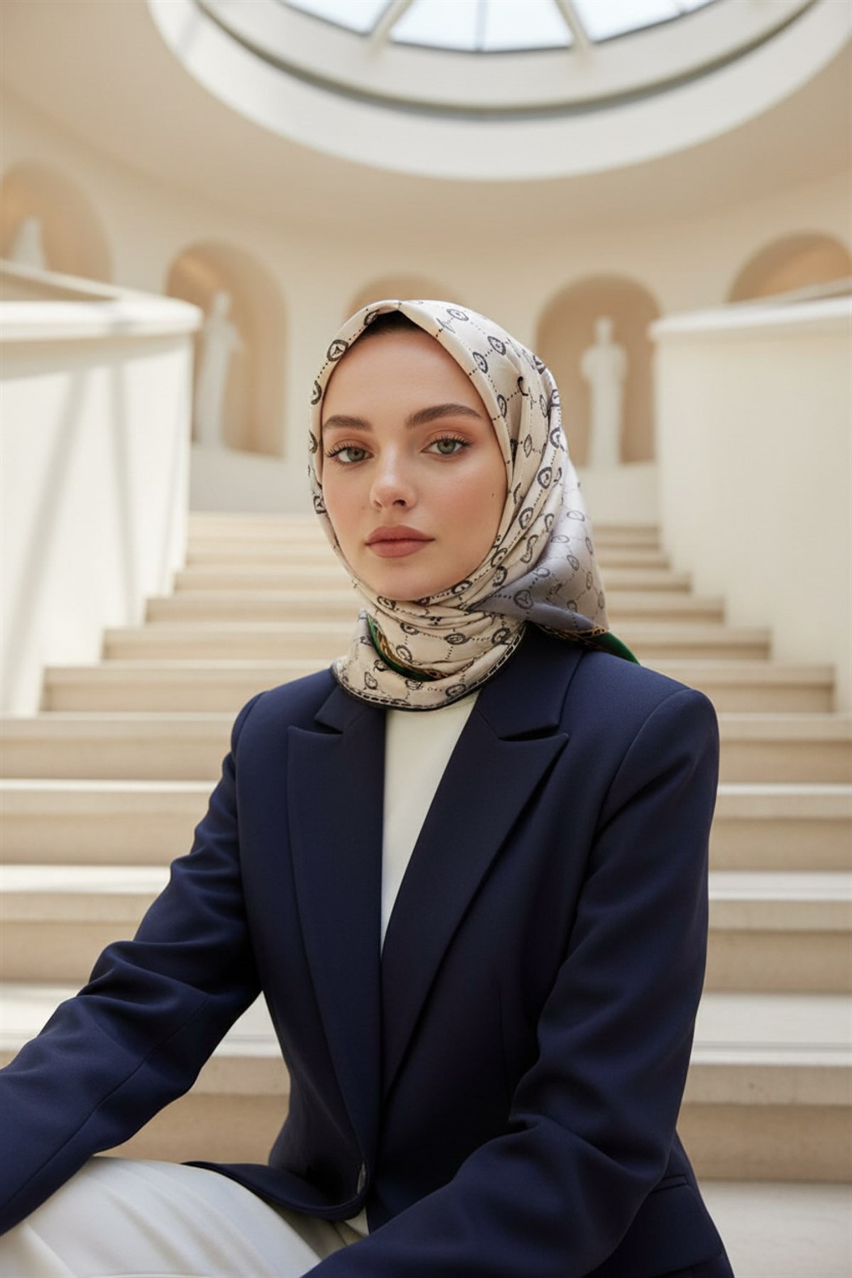 %100 Twill İpek Zincirli Ve Monogram Desenli Krem - Zümrüt Yeşili Renkli 90x90 Eşarp Dikim Şekli : El Dikişi