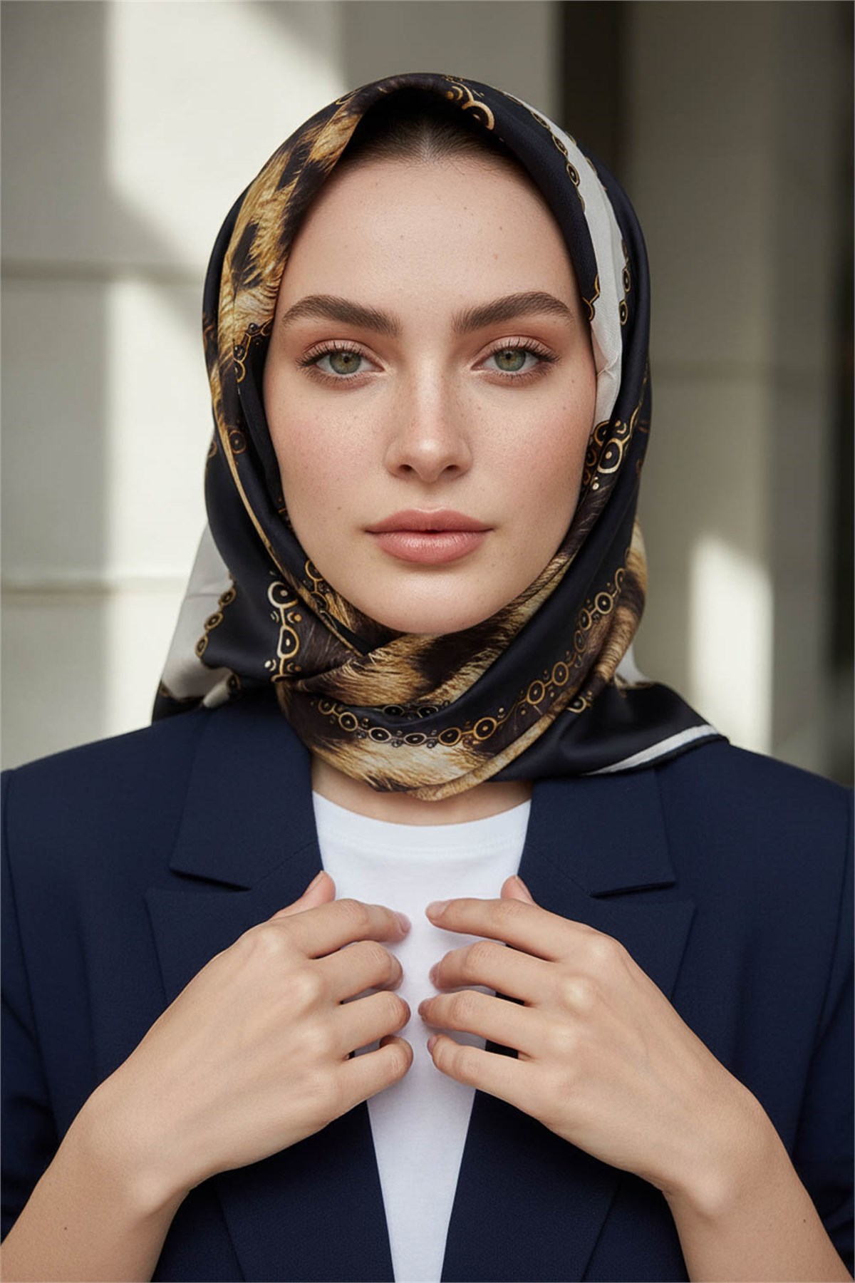 %100 Twill İpek Leopar Desenli Lacivert - Krem Renkli 90x90 Eşarp Dikim Şekli : El Dikişi