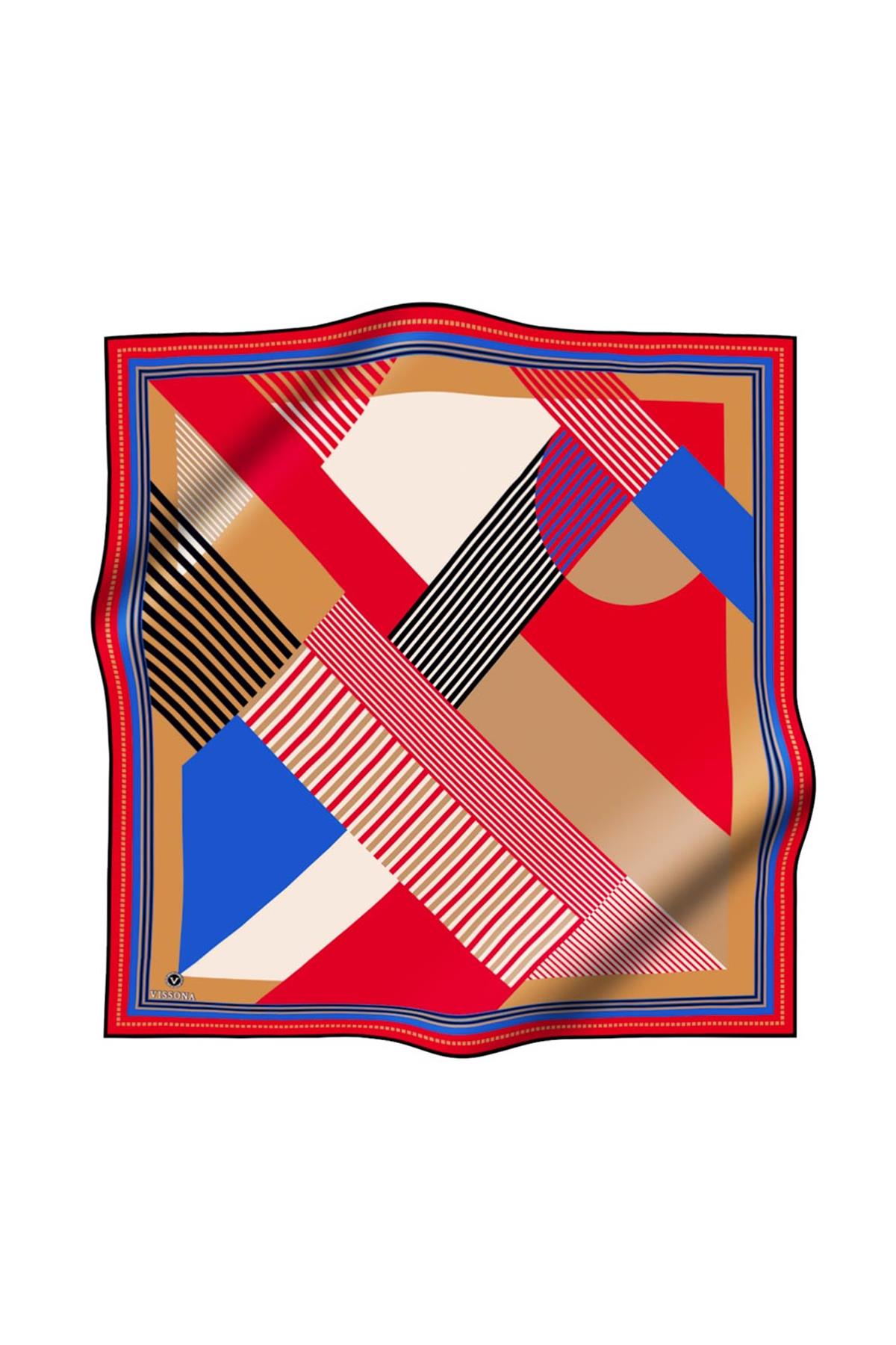 %100 Twill İpek Geometrik Desenli Kırmızı - Saks Renkli 90x90 Eşarp Dikim Şekli : El Dikişi