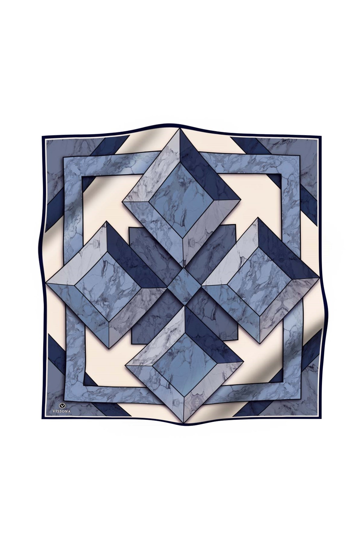 %100 Twill İpek Mermer Desenli İndigo - Lacivert Renkli 90x90 Eşarp Dikim Şekli : El Dikişi