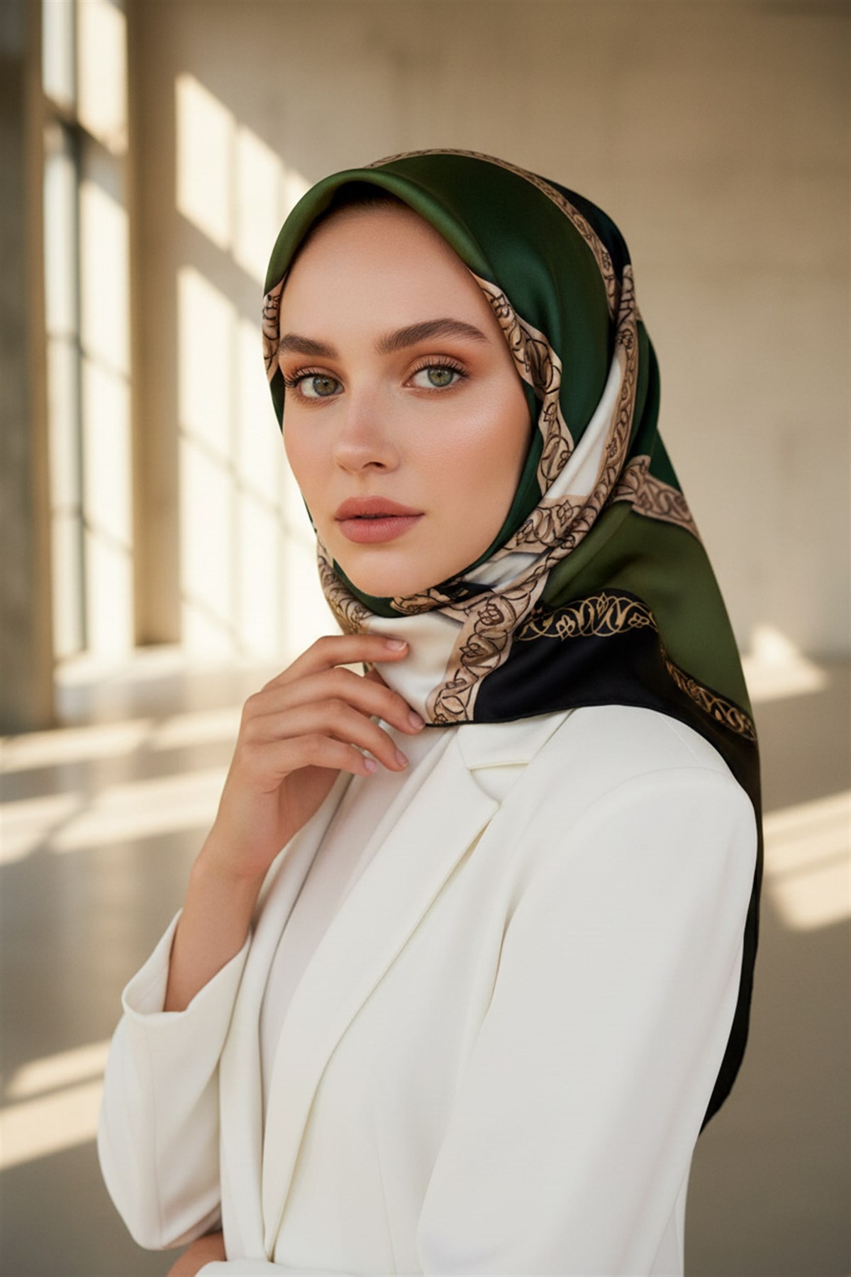%100 Twill İpek Geometrik Desenli Zümrüt Yeşili - Siyah Renkli 90x90 Eşarp Dikim Şekli : El Dikişi