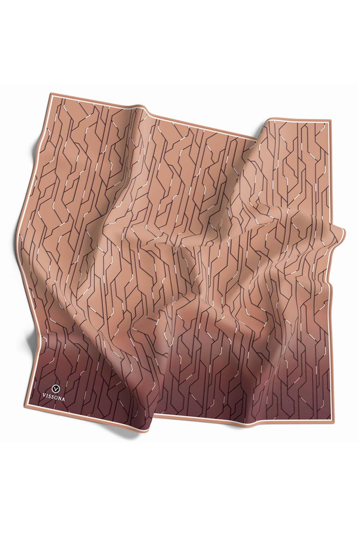 % 57 İPEK % 43 VİSKON Twill İpek Geometrik Desenli Bakır Renkli 90x90 Eşarp Dikim Şekli : El Dikişi