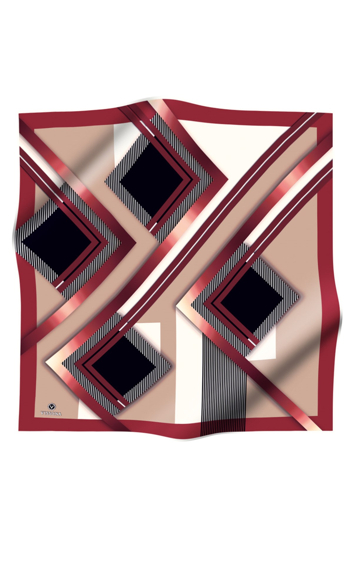 %100 Twill İpek Zebra Desenli Bej - Bordo Renkli 90x90 Eşarp Dikim Şekli : El Dikişi