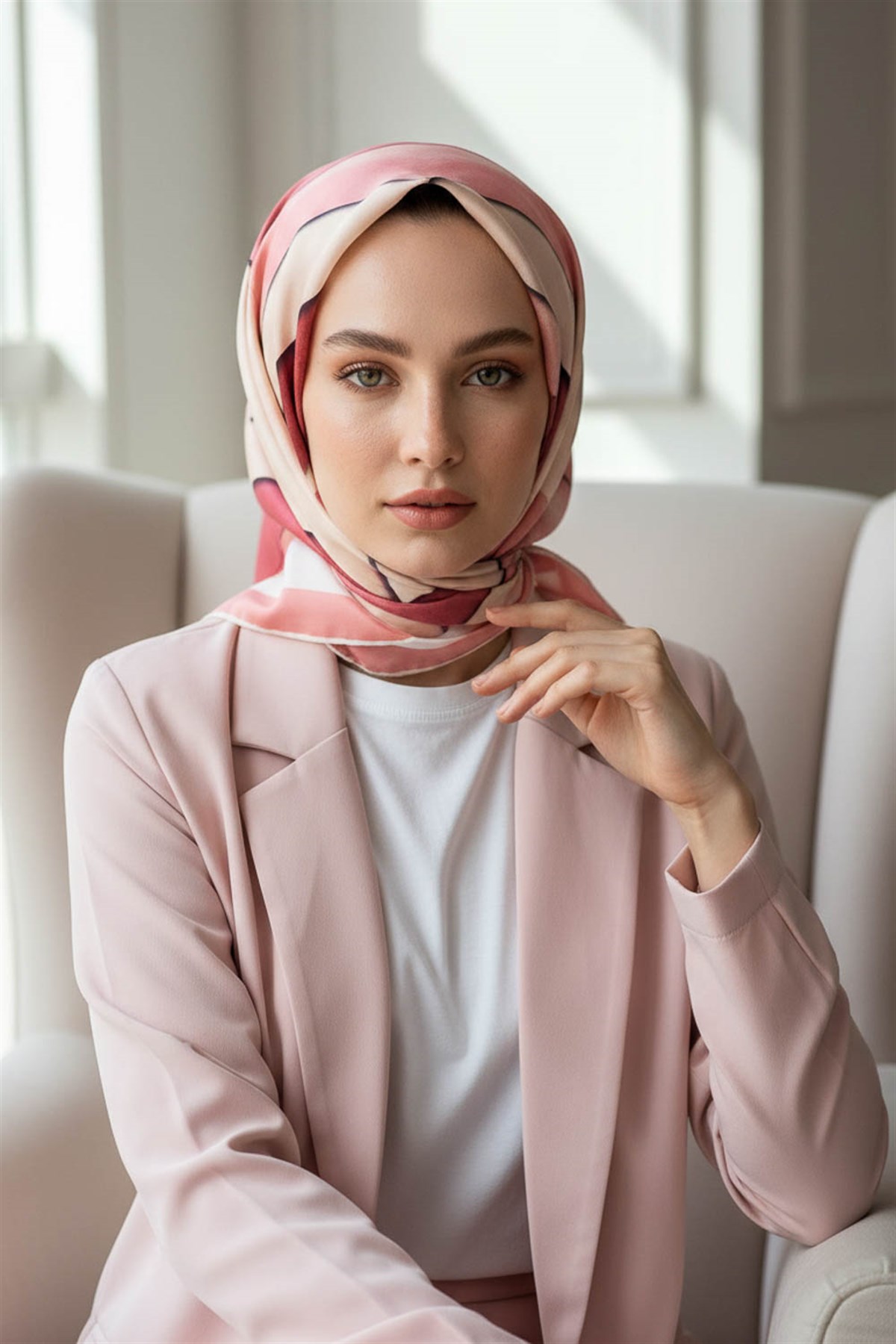 % 57 İPEK % 43 VİSKON Twill Geometrik Bulut  Desenli Pudra Gül Kurusu  Renkli 90x90 Eşarp Dikim Şekli: El Dikişi