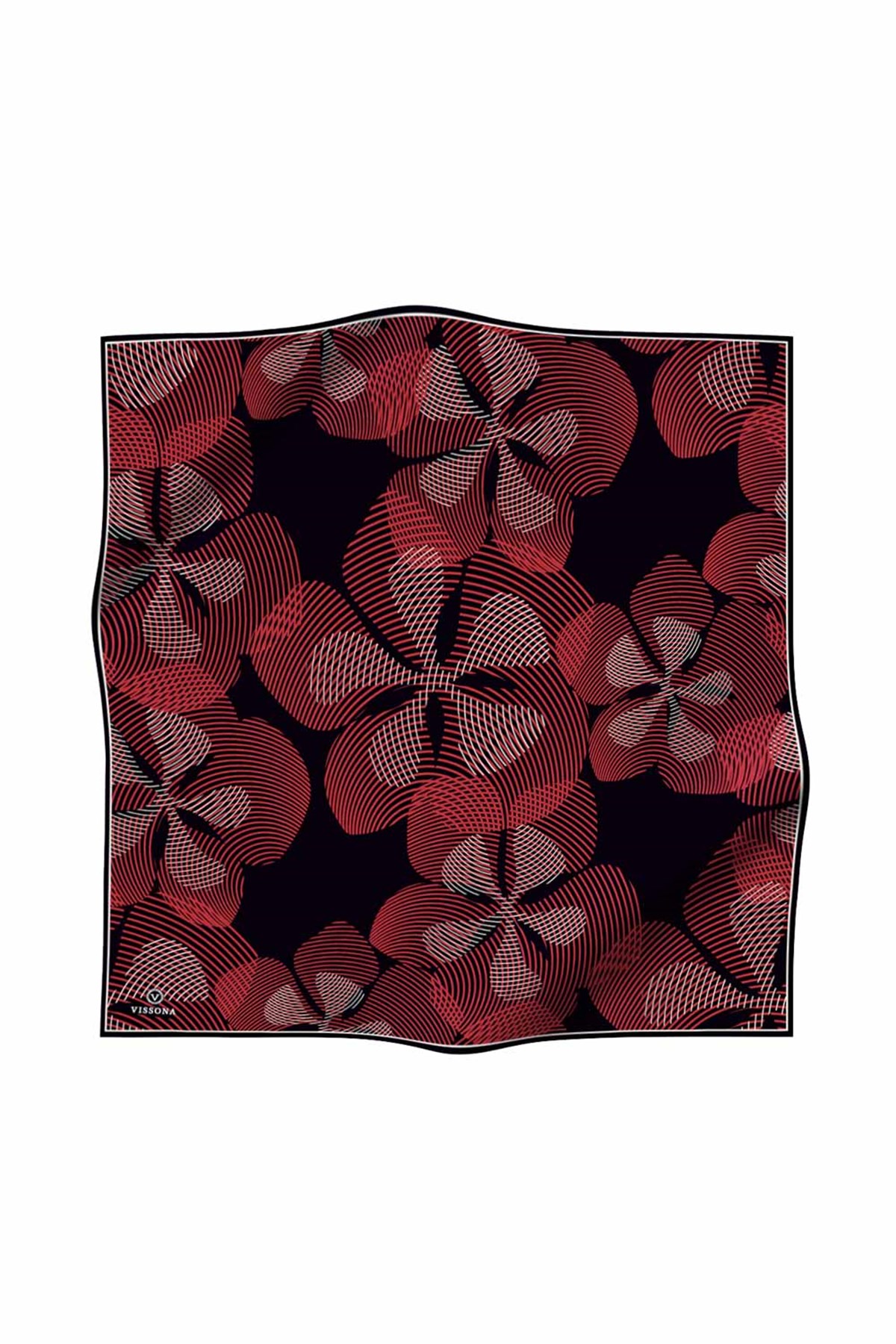 %100 Twill İpek Çizgili Çiçek Desenli Siyah - Bordo Renkli 90x90 Eşarp Dikim Şekli : El Dikişi