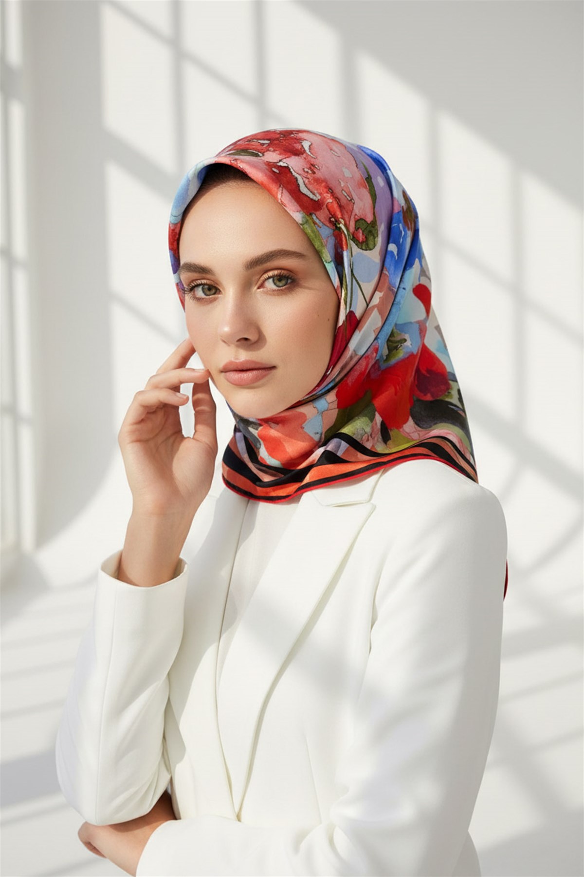 % 57 İPEK % 43 VİSKON Twill İpek Sulu Boyalı Çiçek Desenli Kırmızı - Bebe Mavisi Renkli 90x90 Eşarp Dikim Şekli : El Dikişi