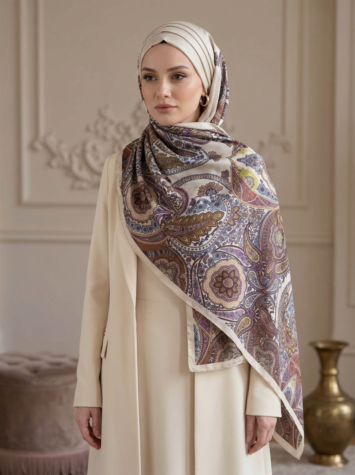 100% İpek Etro Desenli Krem - Taba Renkli 92x210 Şal