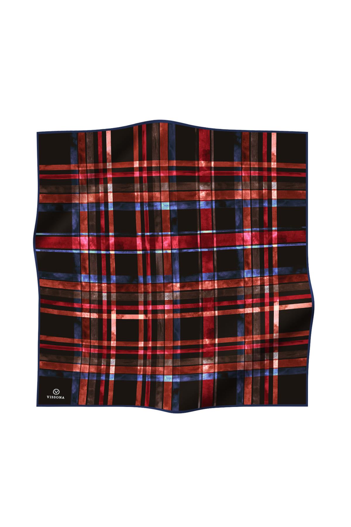 %100 Twill İpek Ekose Desenli Siyah - Kırmızı Renkli 90x90 Eşarp Kenar Dikiş Şekli El Dikişli