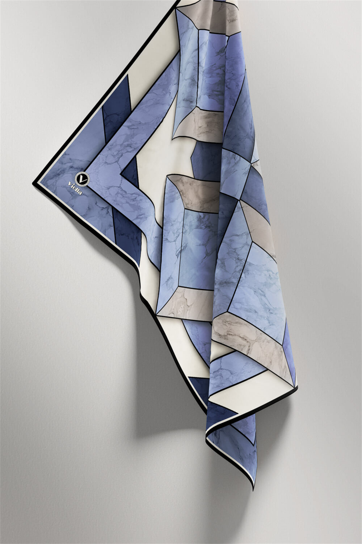 Twill Mermer Desenli İndigo - Lacivert Renkli 90x90 Eşarp (İpek İçermez) Kenar Dikiş Şekli El Dikişli